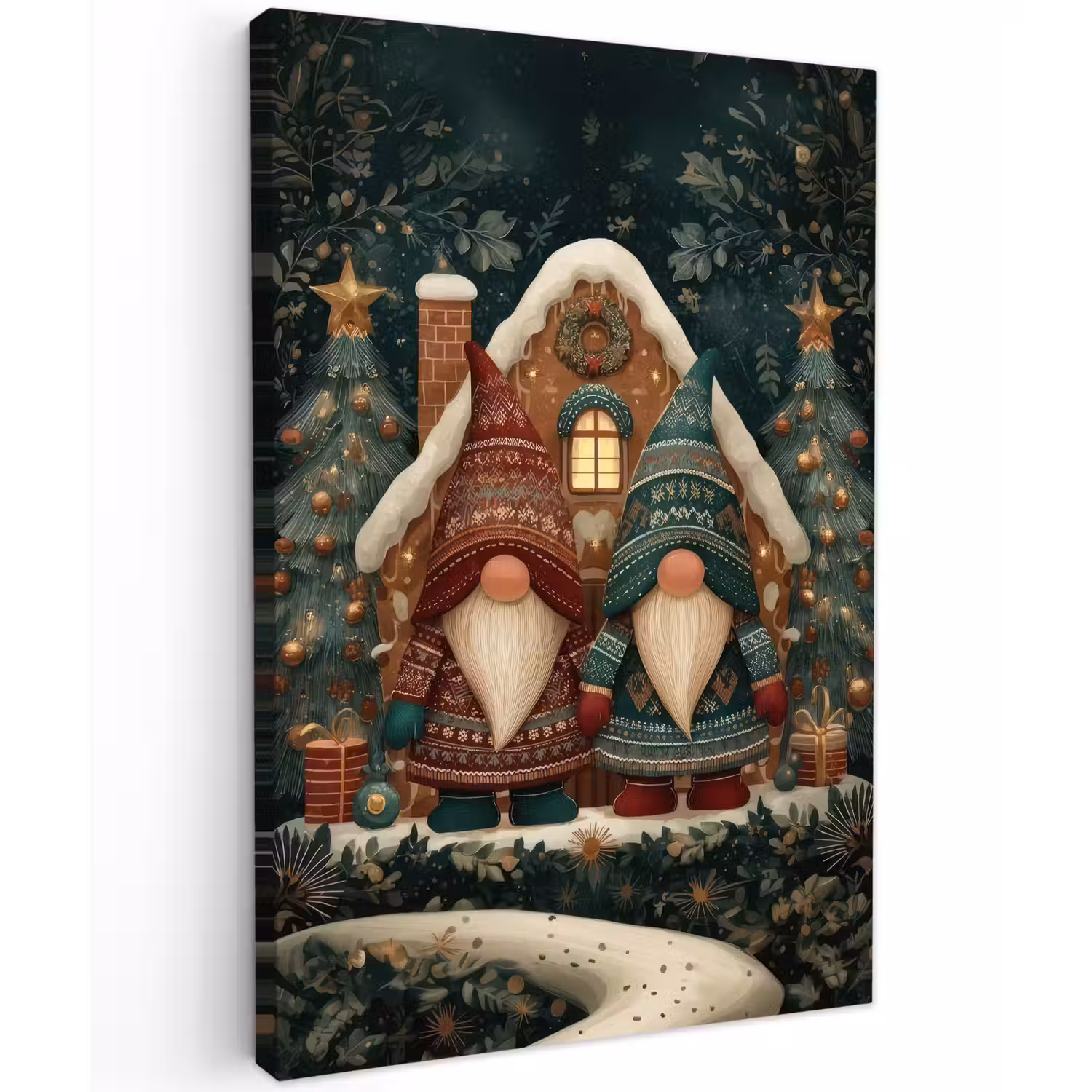 Kerst - Gnomen - Peperkoekhuisje - Rood - Groen Tuinposter op houten frame 2 cm dik klein -3d