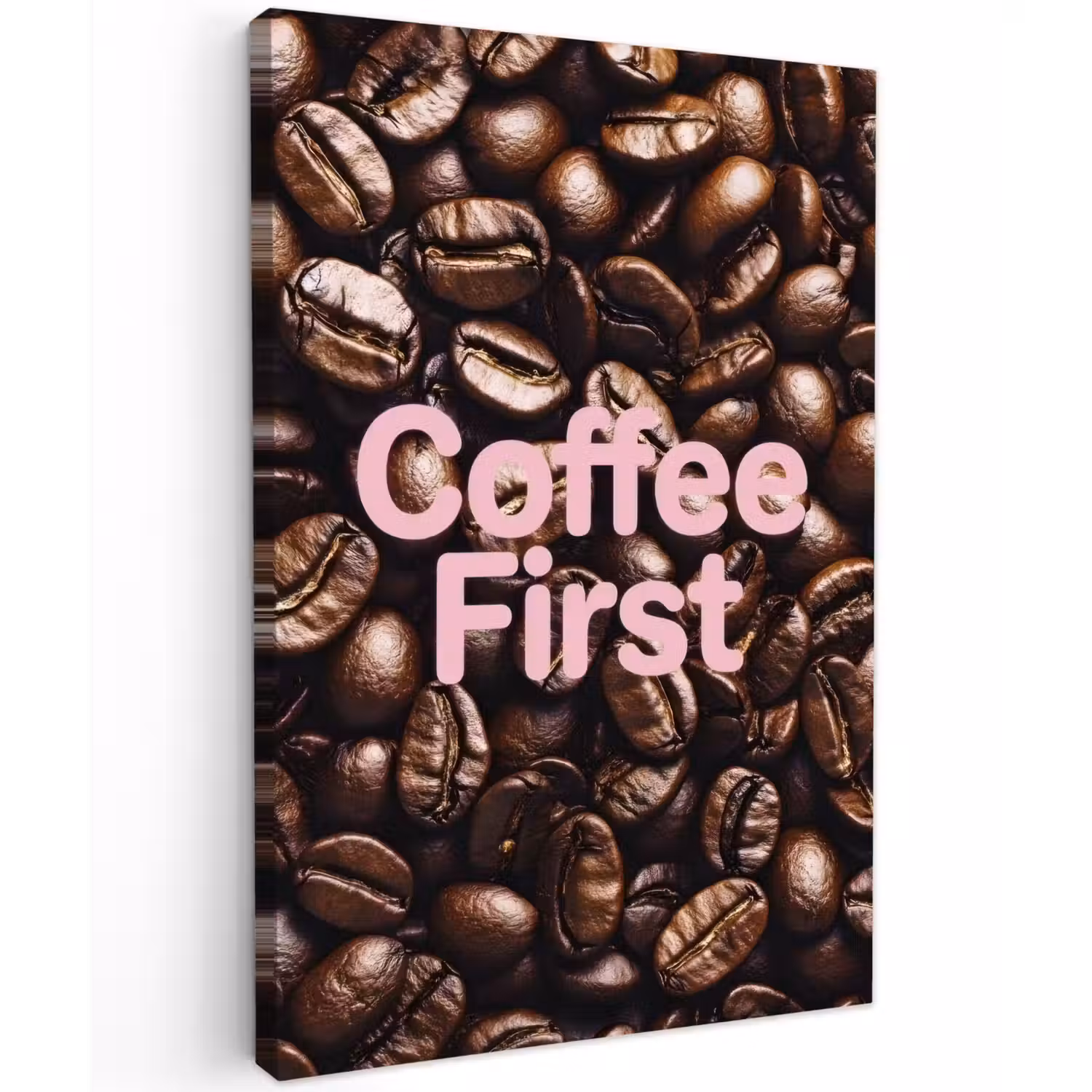 Coffee First - Koffiebonen - Roze Tuinposter op houten frame 2 cm dik klein -3d