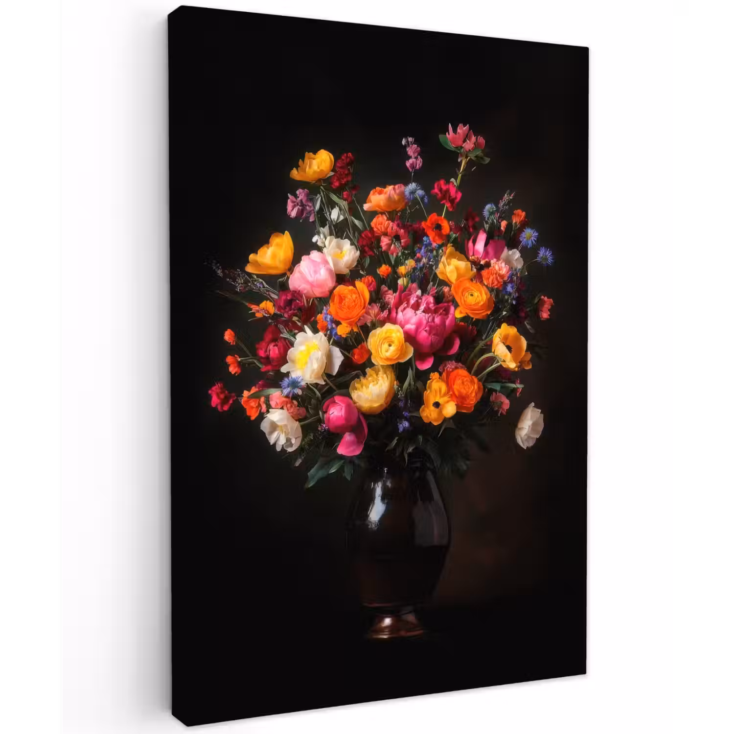 Kleurrijk - Boeket - Vaas - Donkerbruin Tuinposter op houten frame 2 cm dik klein -3d