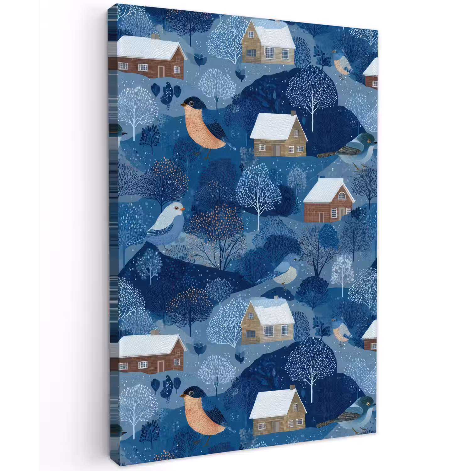 Huisjes - Vogels - Sneeuw - Winter - Blauw Tuinposter op houten frame 2 cm dik klein 841 -3d