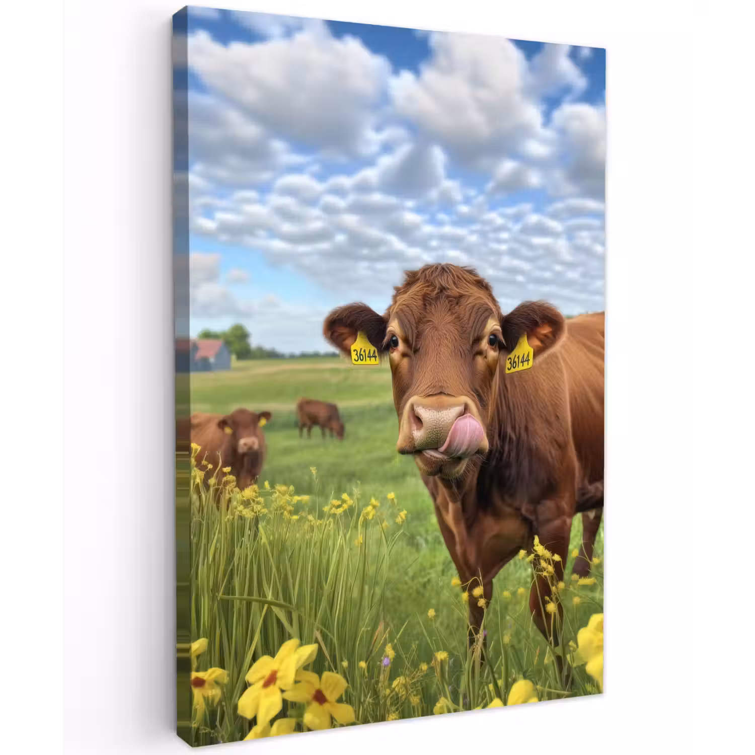 Koe - Weide - Bloemen Tuinposter op houten frame 2 cm dik klein -3d