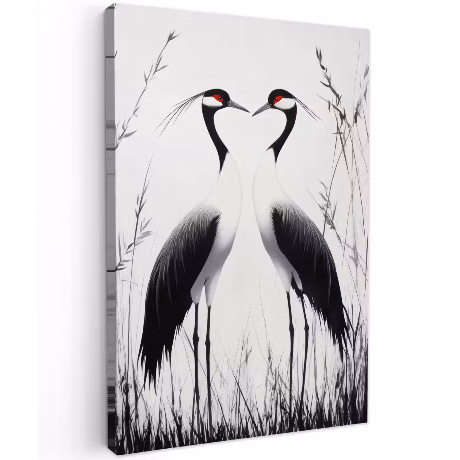 Kraanvogels - Gras - Hartvorm - Zwart Tuinposter op houten frame 2 cm dik klein -3d