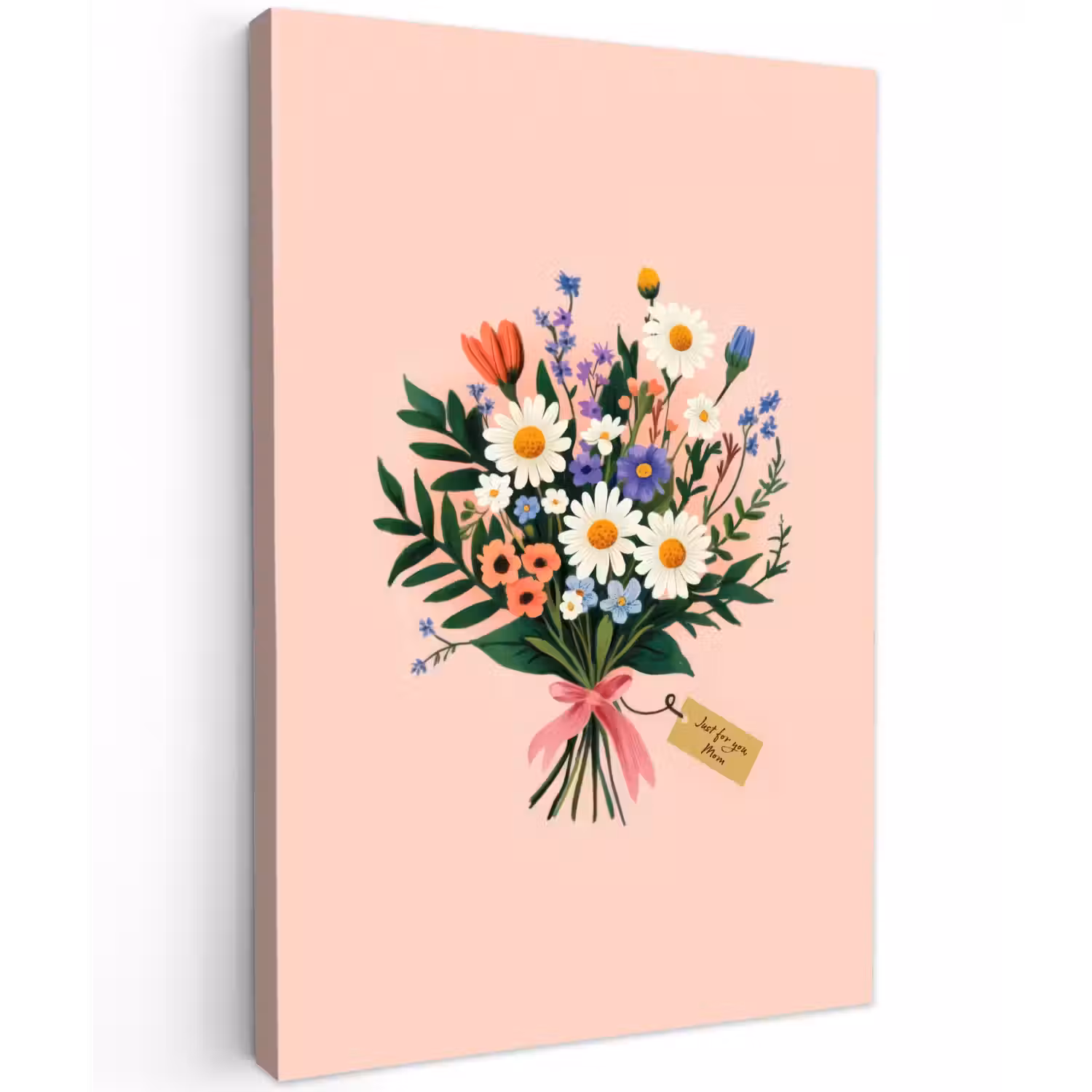 Margrieten - Boeket - Strikje - Roze Tuinposter op houten frame 2 cm dik klein -3d