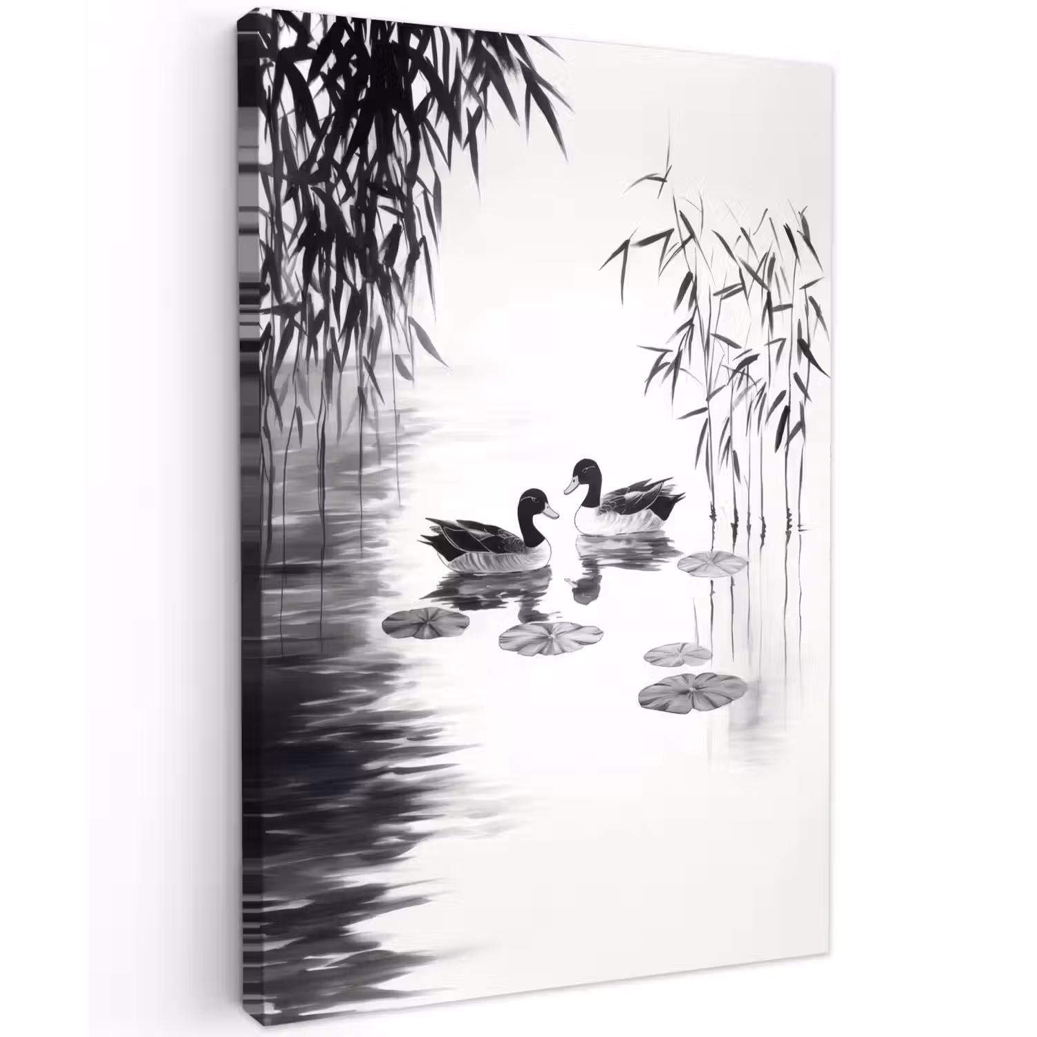 Eenden - Waterlelies - Riet - Zwart Tuinposter op houten frame 2 cm dik klein -3d