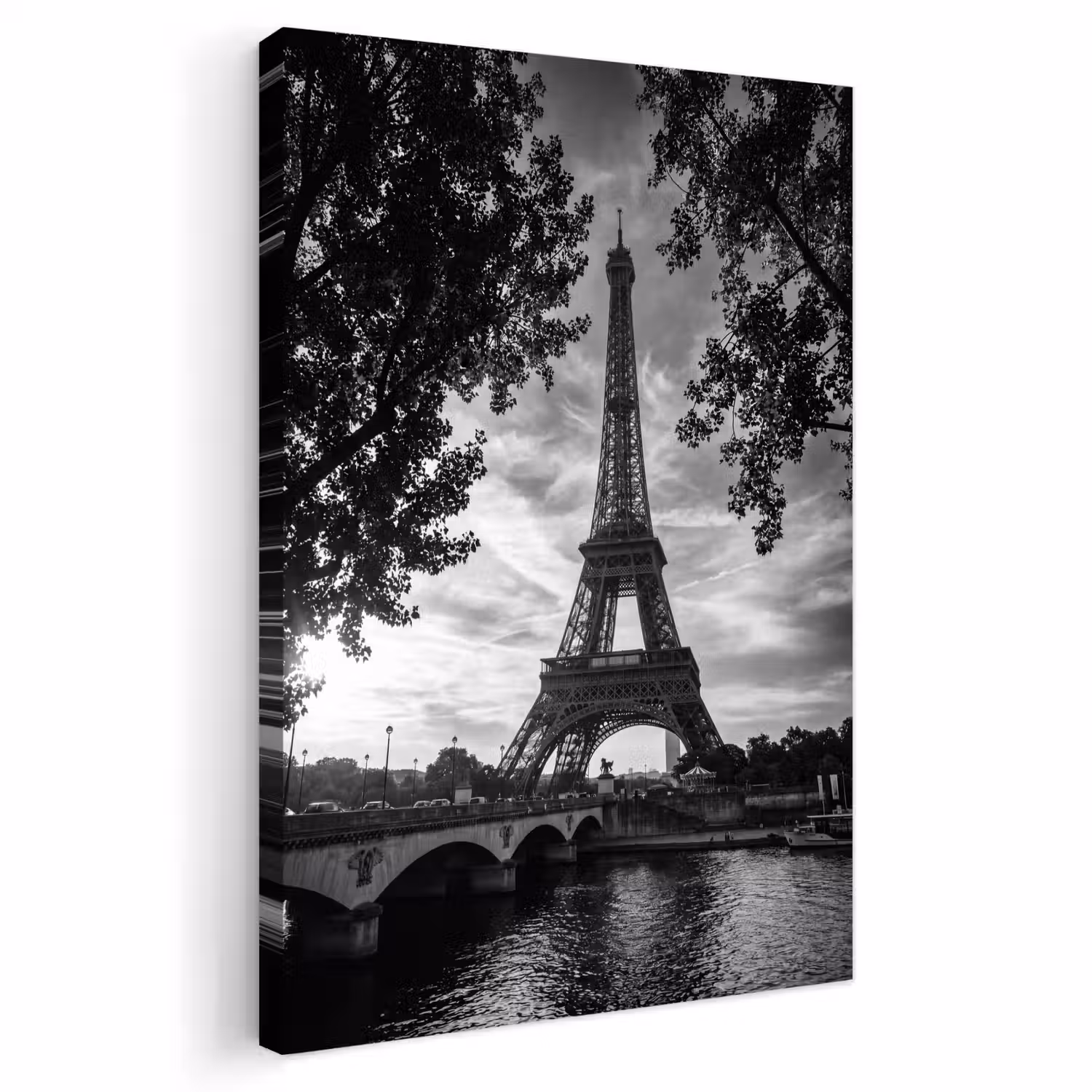 Eiffeltoren - Parijs - Rivier - Architectuur - Zwart-wit Tuinposter op houten frame 2 cm dik klein -3d