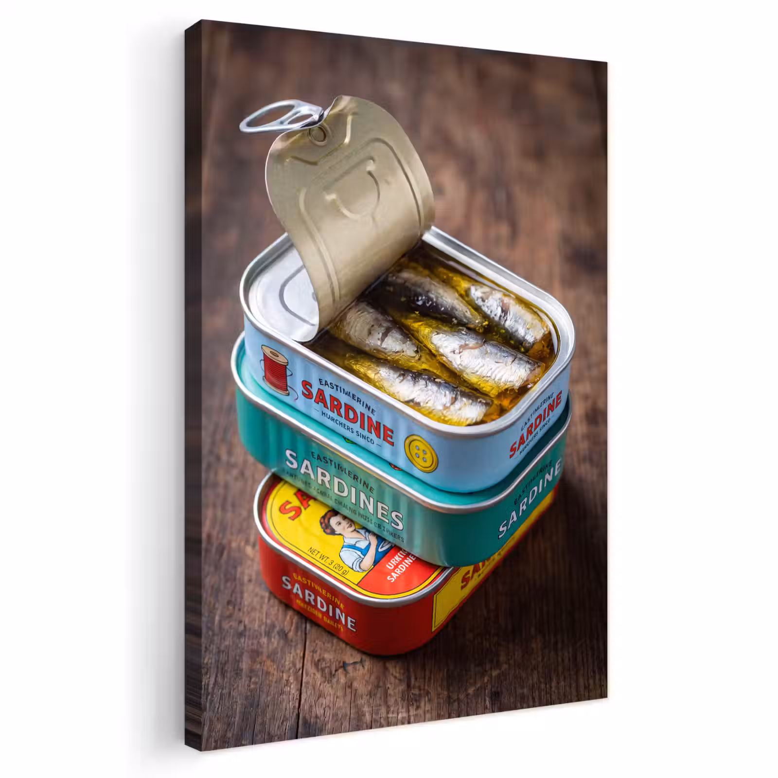 Outdoor Canvas Print - Fish - Cans - Kitchen - Vis - Blikjes - Keuken Tuinposter op houten frame 2 cm dik klein