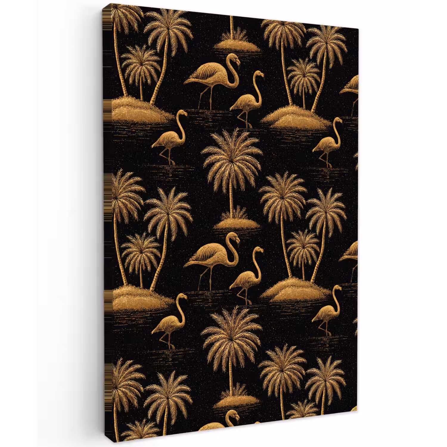 Flamingo - Palmbomen - Tropisch - Goud - Zwart Tuinposter op houten frame 2 cm dik klein 841 -3d