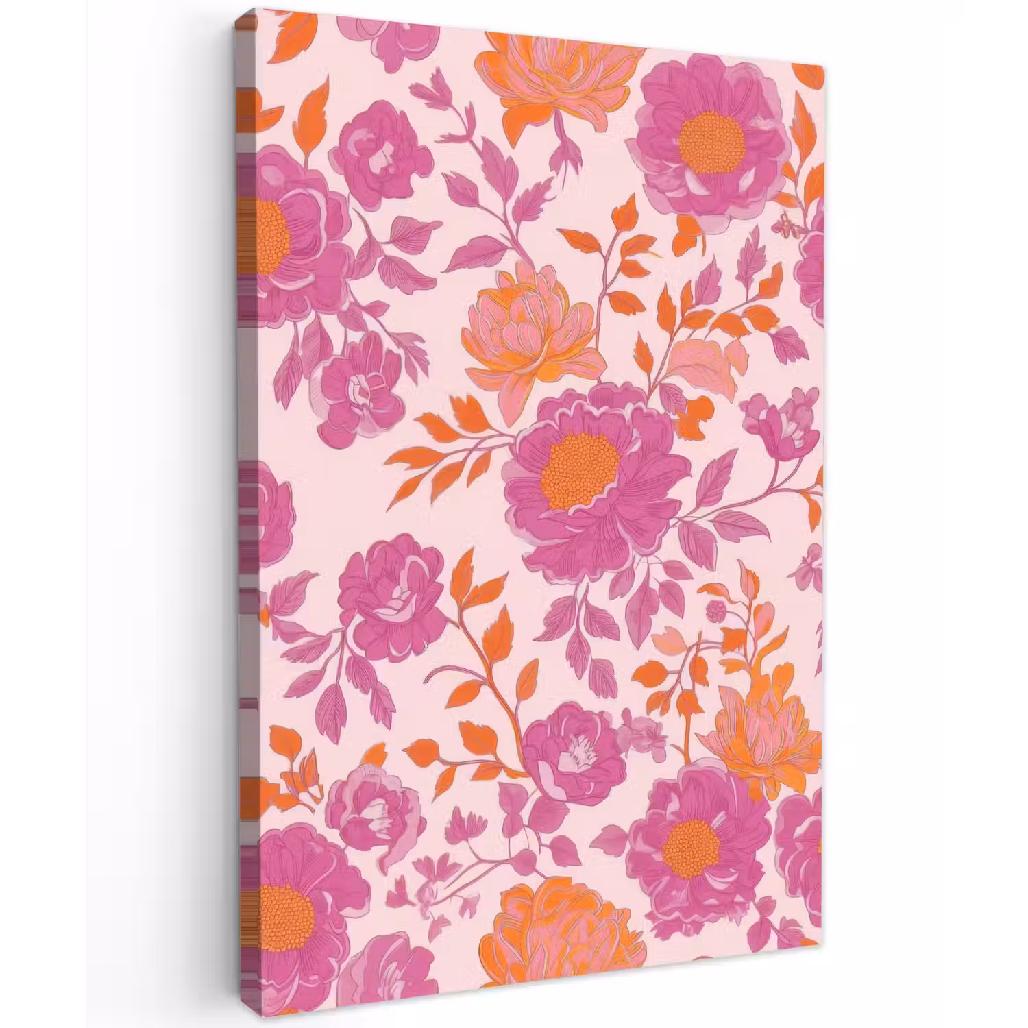 Bloemenpatroon - Roze - Oranje - Bloemen Tuinposter op houten frame 2 cm dik klein -3d