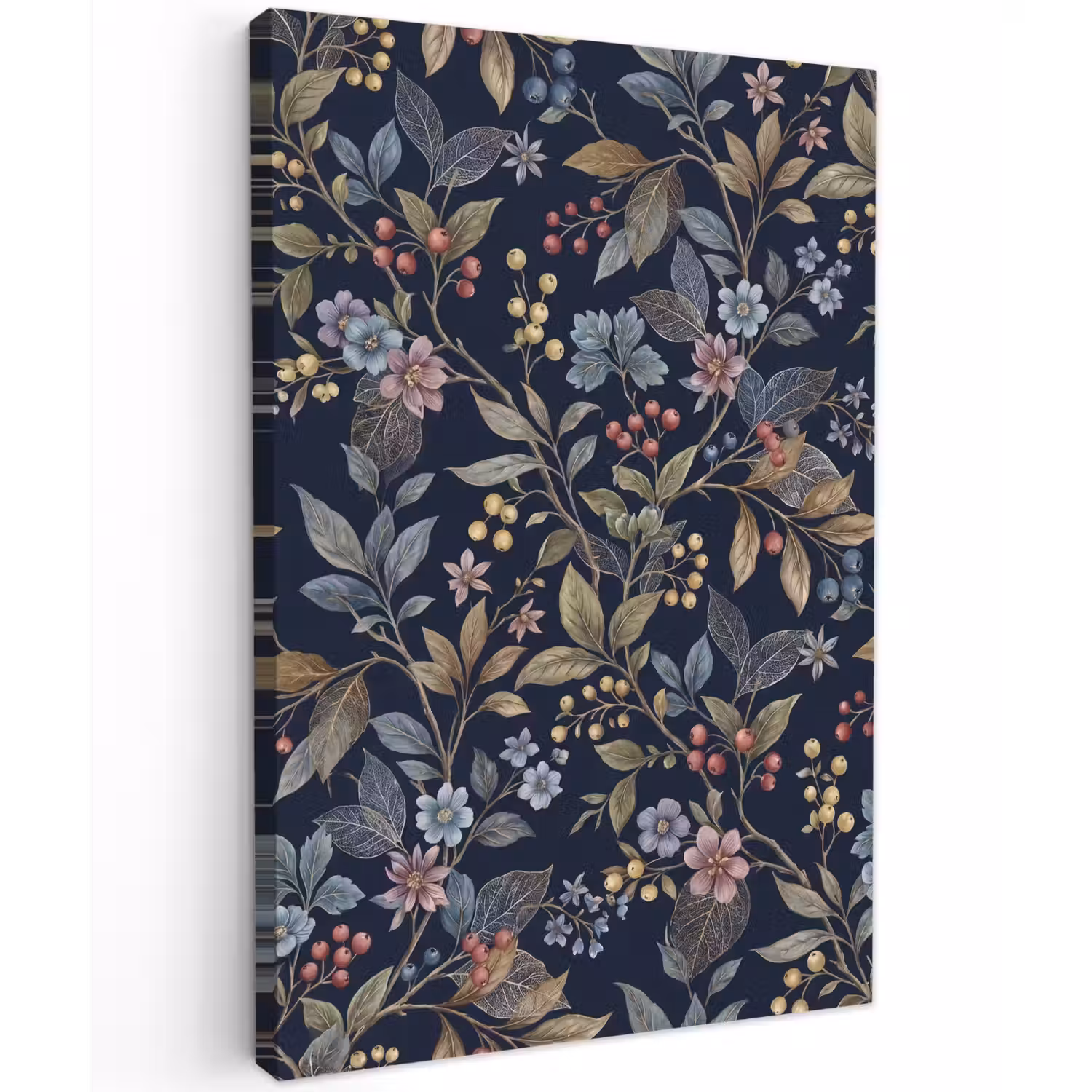 Bloemen - Bladeren - Patroon - Botanisch - Donkerblauw Tuinposter op houten frame 2 cm dik klein -3d