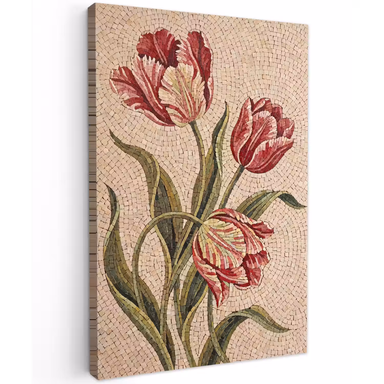 Bloemen - Mozaïek - Rood - Groen - Kunst Tuinposter op houten frame 2 cm dik klein -3d