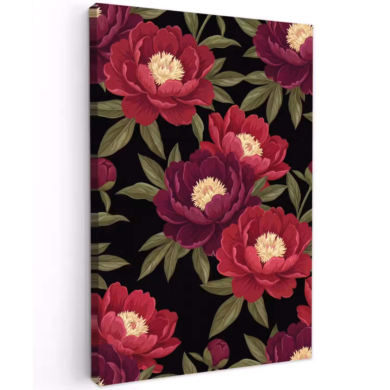 Bloemen - Patroon - Botanisch - Rood - Zwart Tuinposter op houten frame 2 cm dik klein -3d