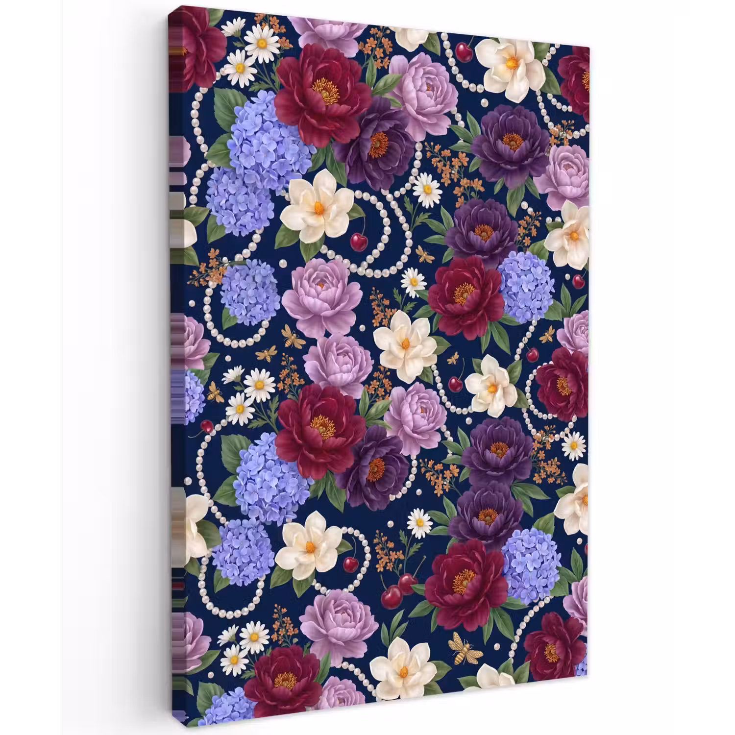 Bloemen - Parels - Decoratie - Modern - Blauw Tuinposter op houten frame 2 cm dik klein -3d