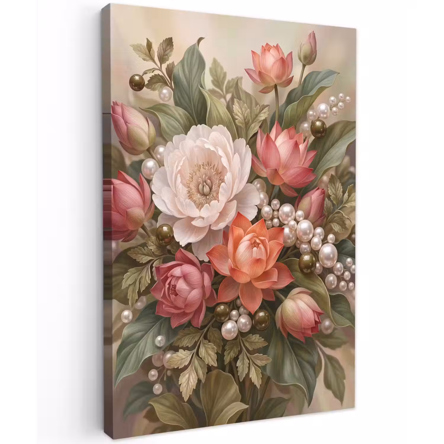 Bloemen - Parels - Elegant - Roze - Wit Tuinposter op houten frame 2 cm dik klein -3d