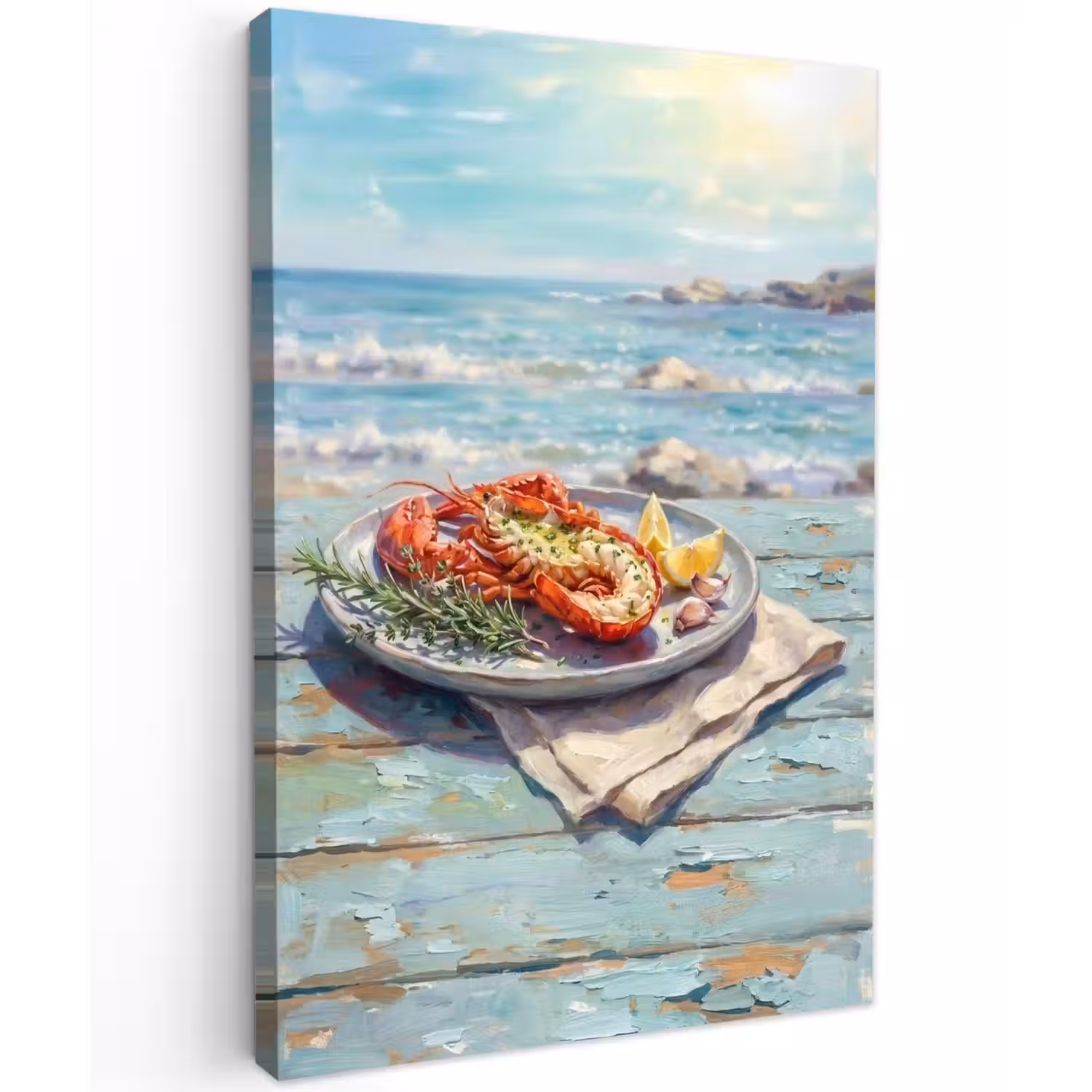 Eten - Zee - Kust - Modern - Blauw Tuinposter op houten frame 2 cm dik klein -3d