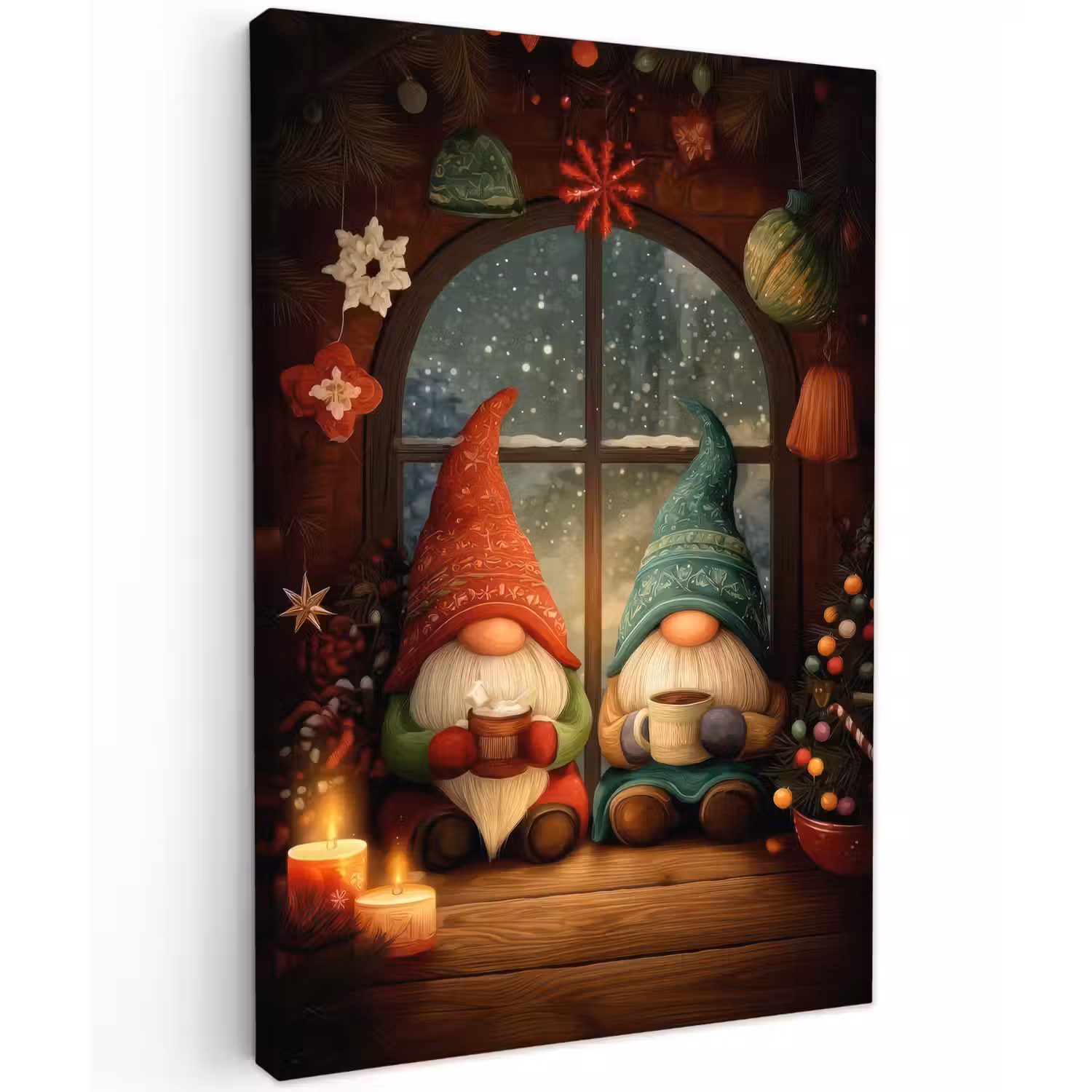 Gnooms - Kerst - Raam - Kleurrijk Tuinposter op houten frame 2 cm dik klein -3d