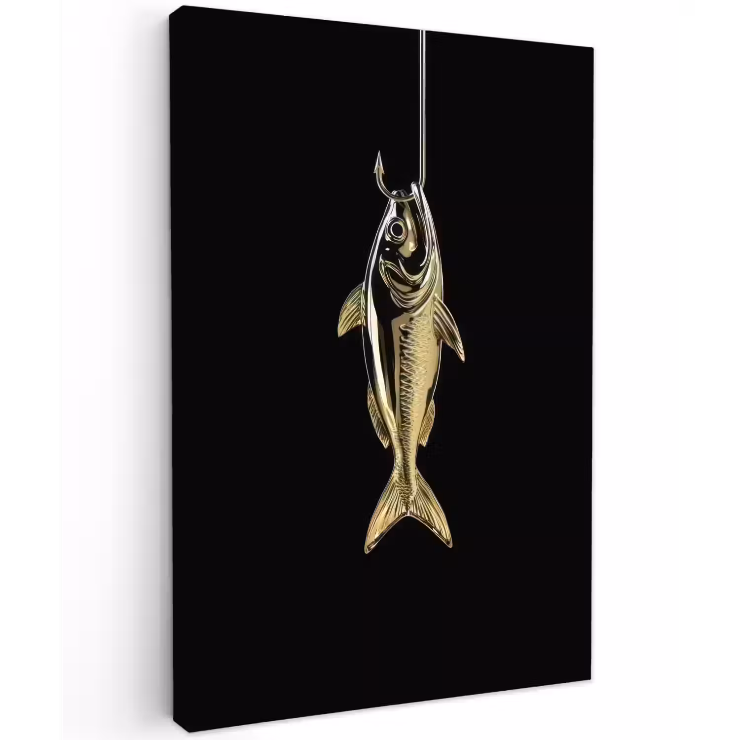 Goud - Vis - Haak - Zwart Tuinposter op houten frame 2 cm dik klein -3d
