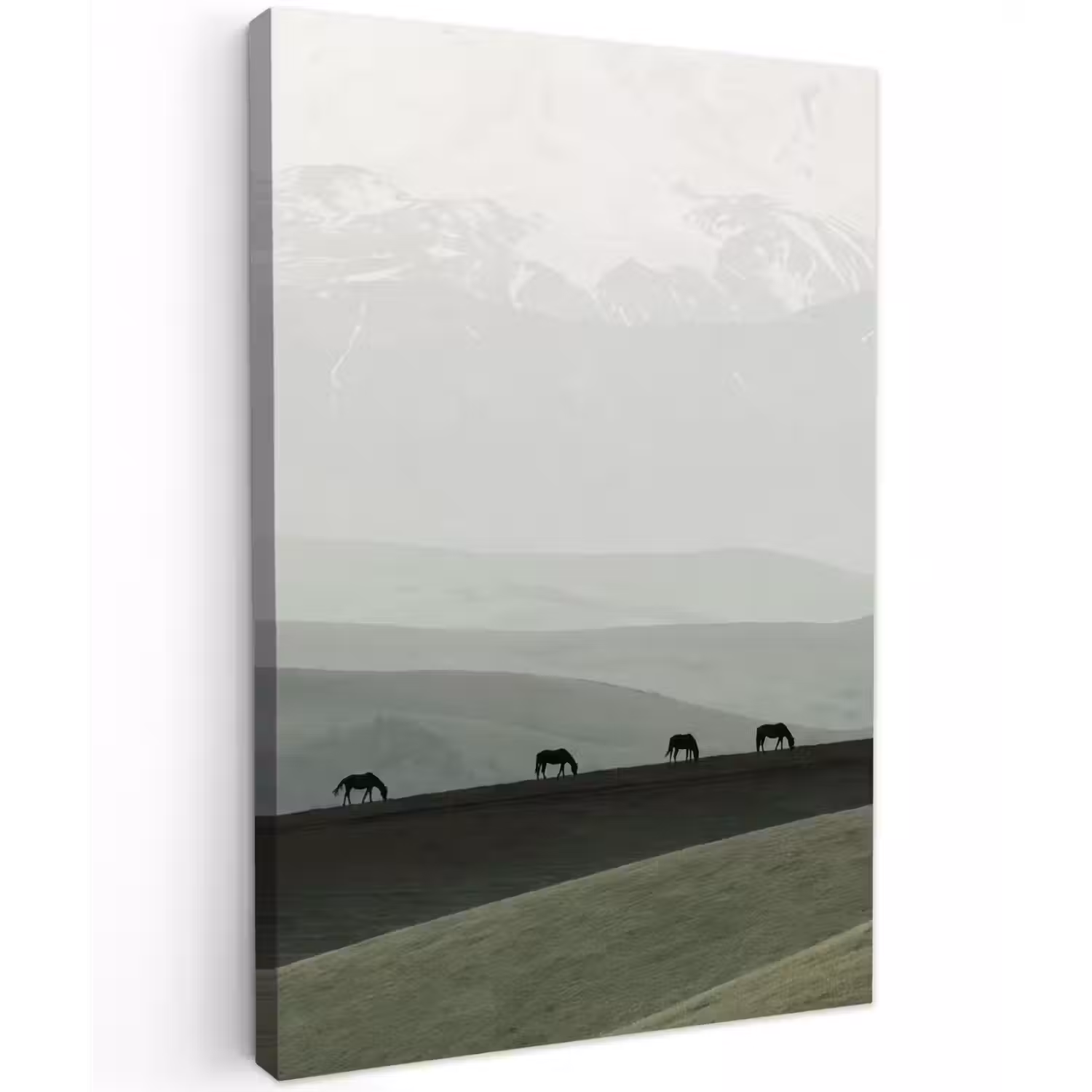 Grijs - Berg - Paarden Tuinposter op houten frame 2 cm dik klein -3d