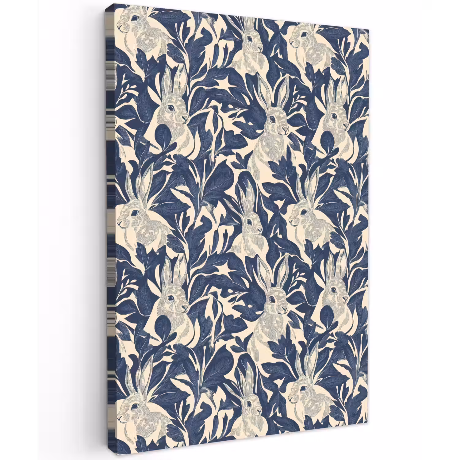 Hazen - Bladeren - Patroon - Blauw - Beige Tuinposter op houten frame 2 cm dik klein 841 -3d