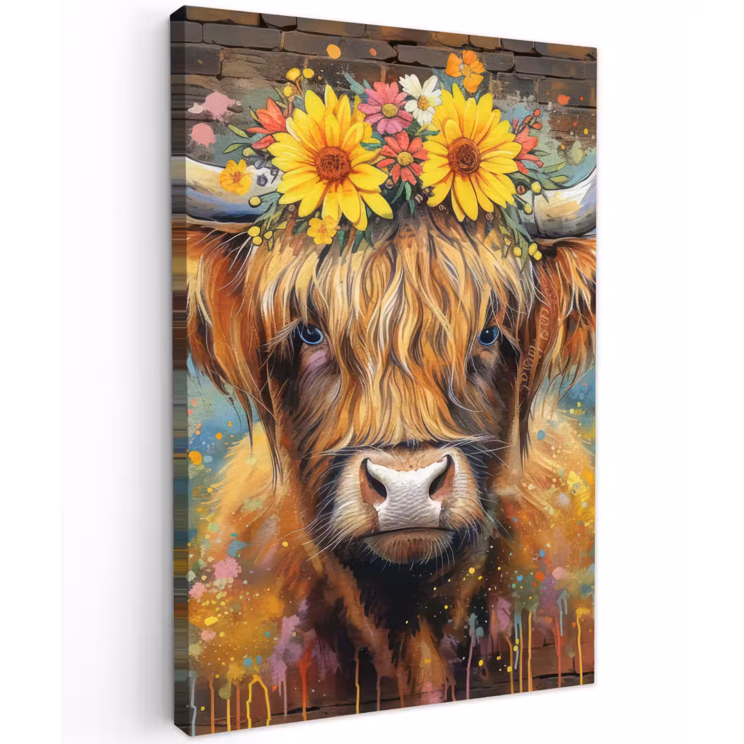 Hooglander met Bloemenkroon Tuinposter op houten frame 2 cm dik klein -3d