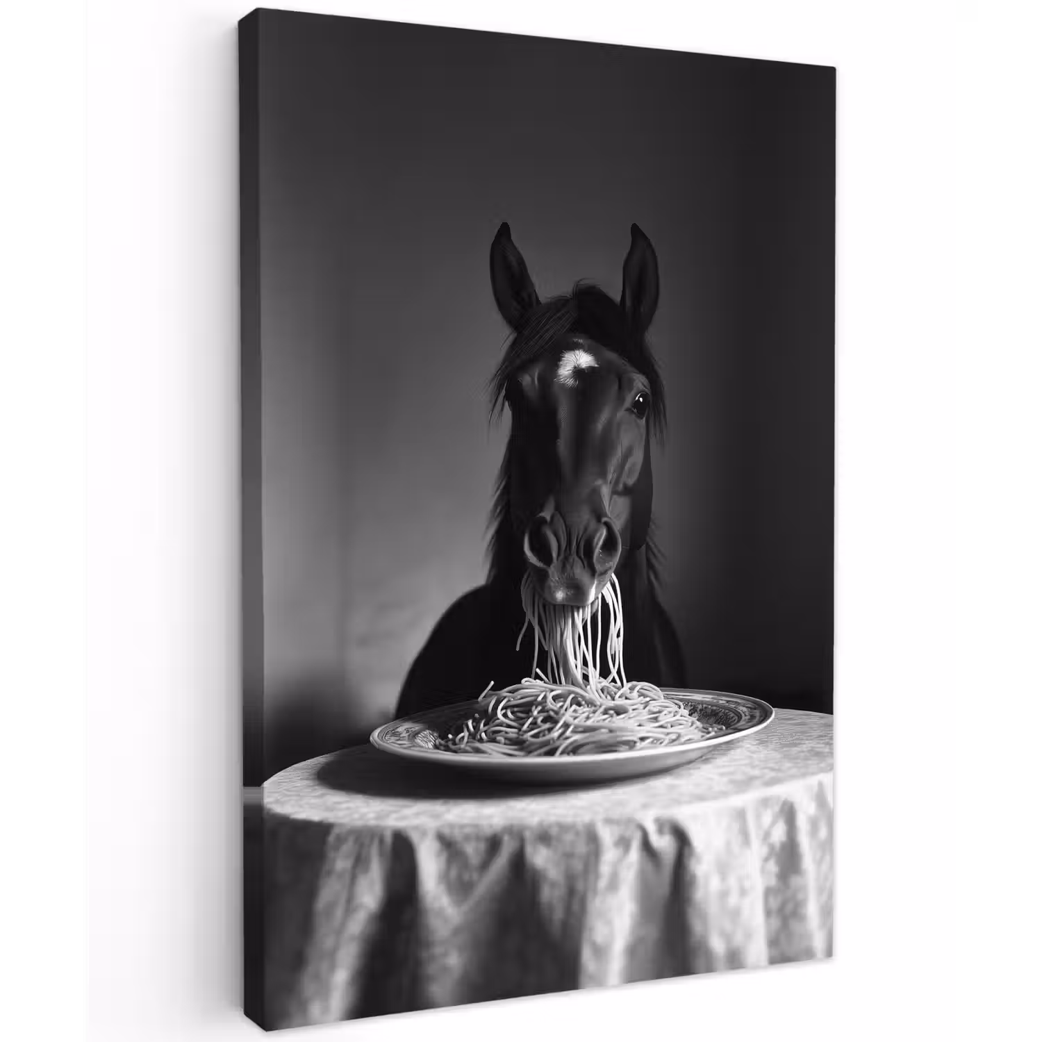Paard - Bord - Pasta - Tafelkleed - Zwart Wit - Dieren Tuinposter op houten frame 2 cm dik klein -3d