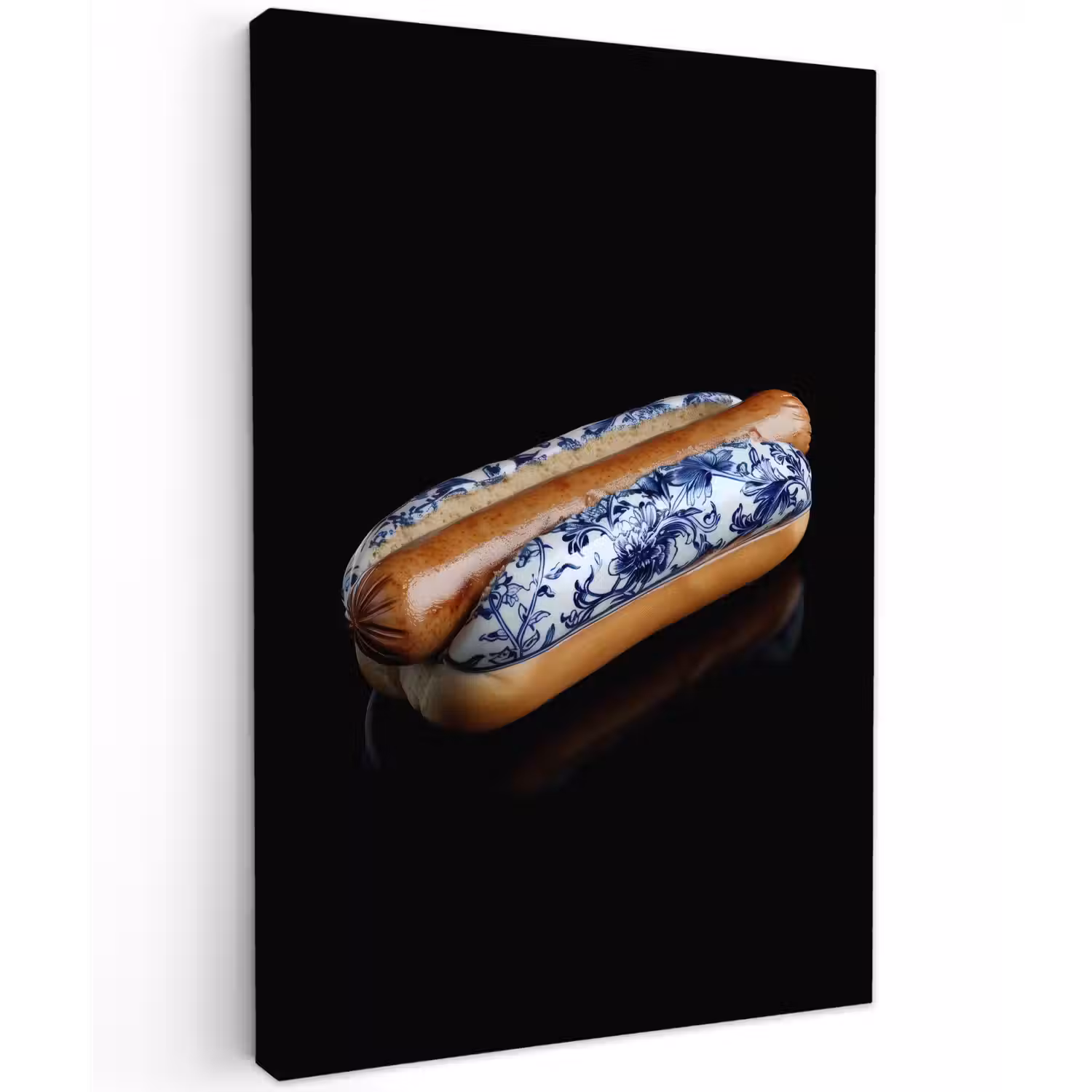 Hotdog - Porselein - Delfts blauw - Eten Tuinposter op houten frame 2 cm dik klein -3d