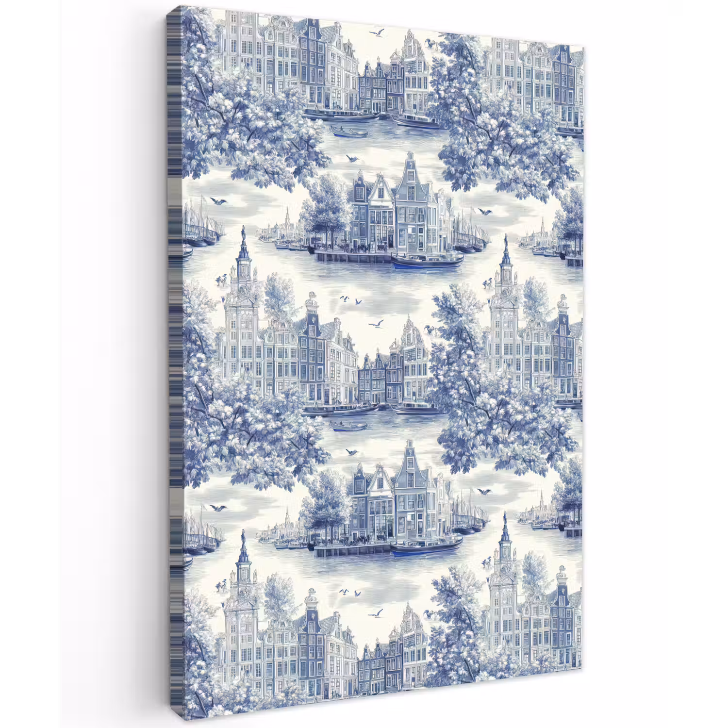 Huizen - Bomen - Water - Vogels - Blauw Tuinposter op houten frame 2 cm dik klein 841 -3d