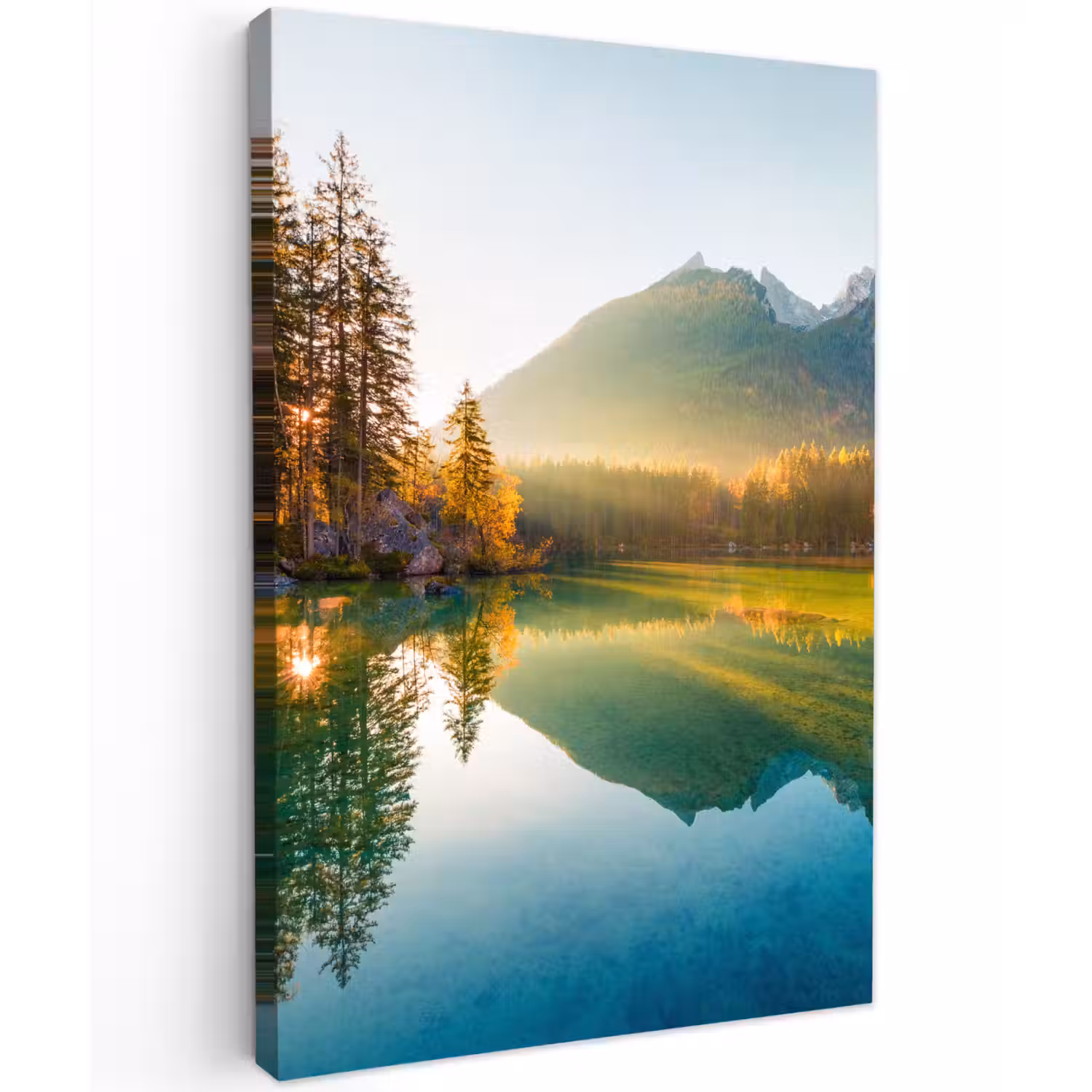Meer - Bos - Bergen - Natuur - Zon - Landschap Tuinposter op houten frame 2 cm dik klein -3d