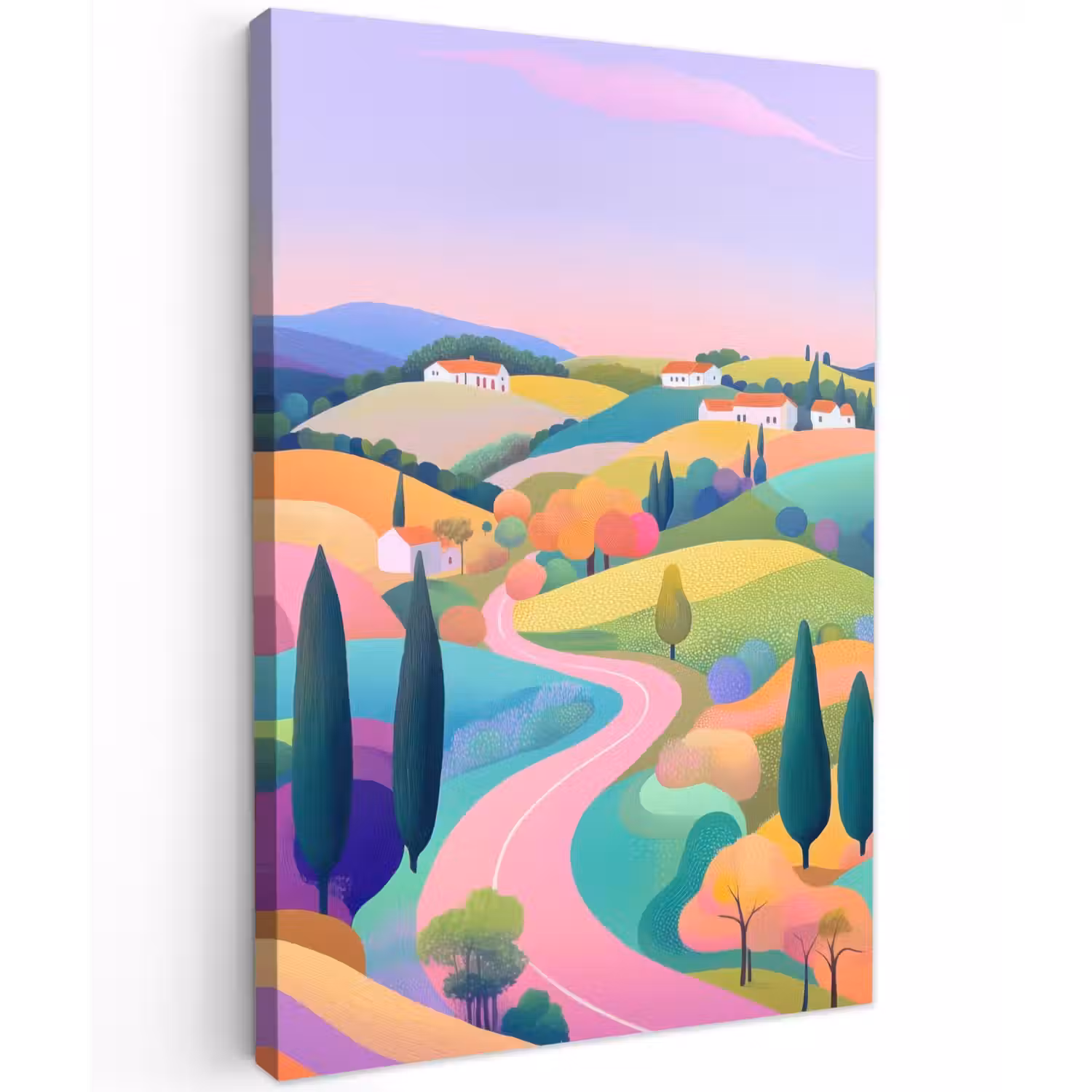 Landschap - Paars - Pastel - Huizen Tuinposter op houten frame 2 cm dik klein -3d