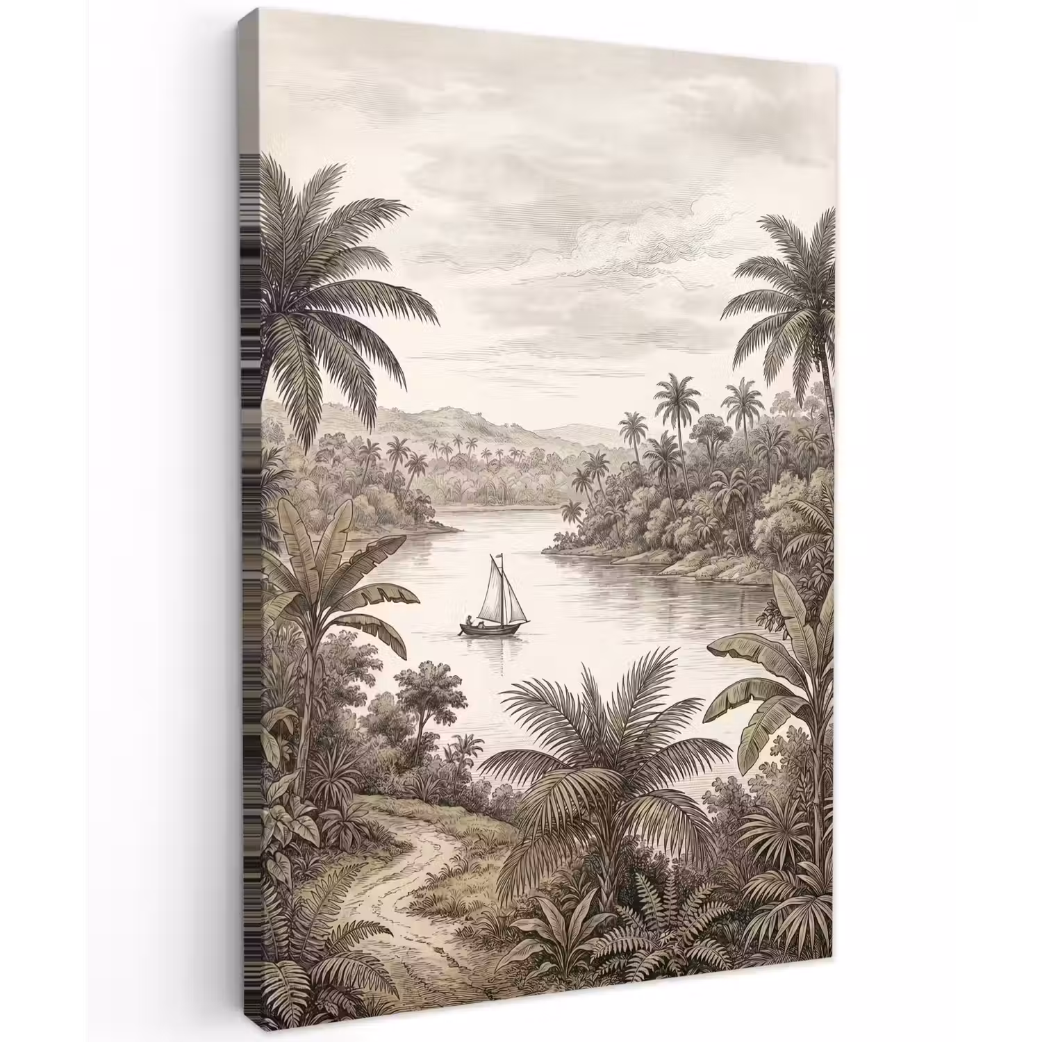Landschap - Rivier - Boot - Tropisch - Vintage Tuinposter op houten frame 2 cm dik klein -3d