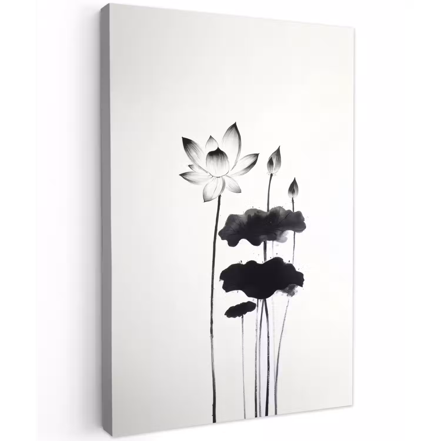 Bladeren - Zwart - Lotusbloem - Minimalitisch Tuinposter op houten frame 2 cm dik klein -3d