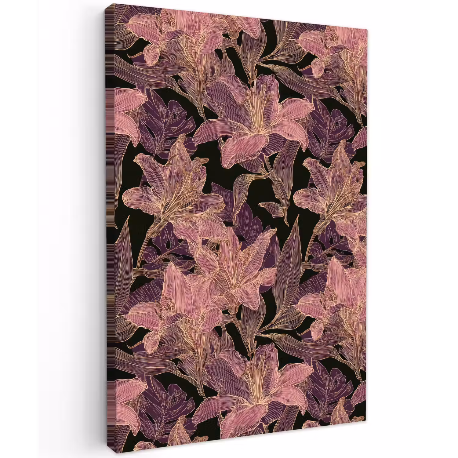 Lelies - Patroon - Paars - Goud Tuinposter op houten frame 2 cm dik klein 841 -3d