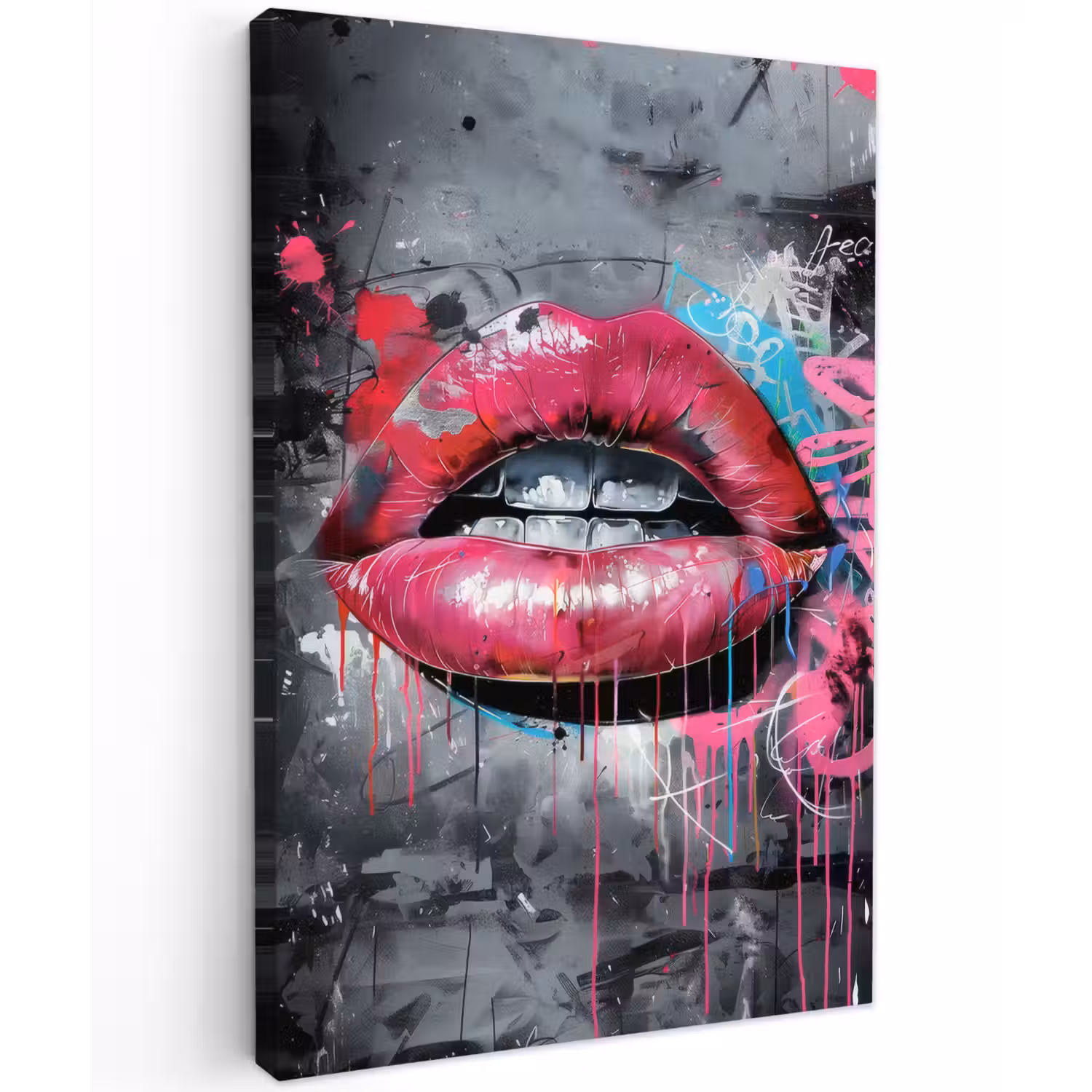 Lippen - Felroze - Graffiti - Verfstrepen Tuinposter op houten frame 2 cm dik klein -3d