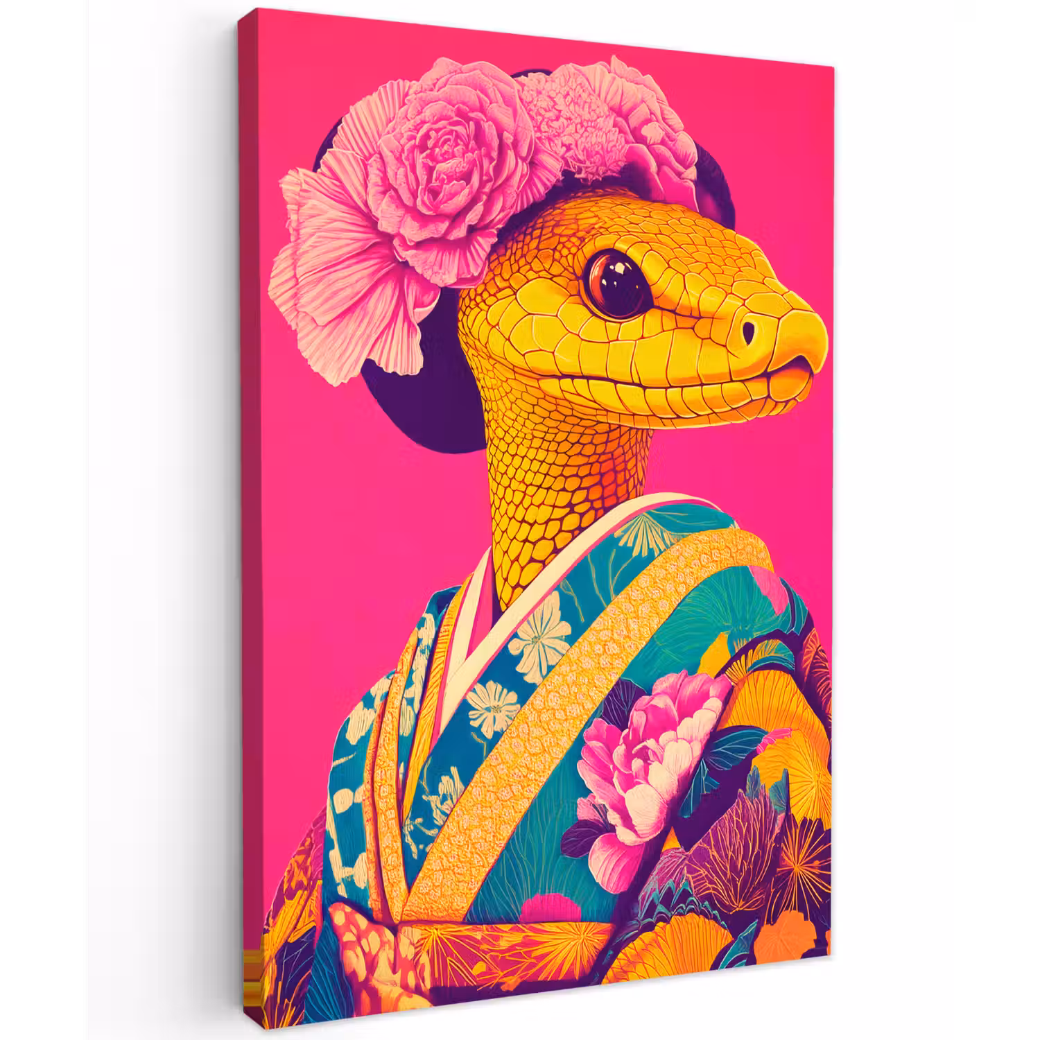 Hagedis - Bloemen - Roze - Kimono Tuinposter op houten frame 2 cm dik klein -3d