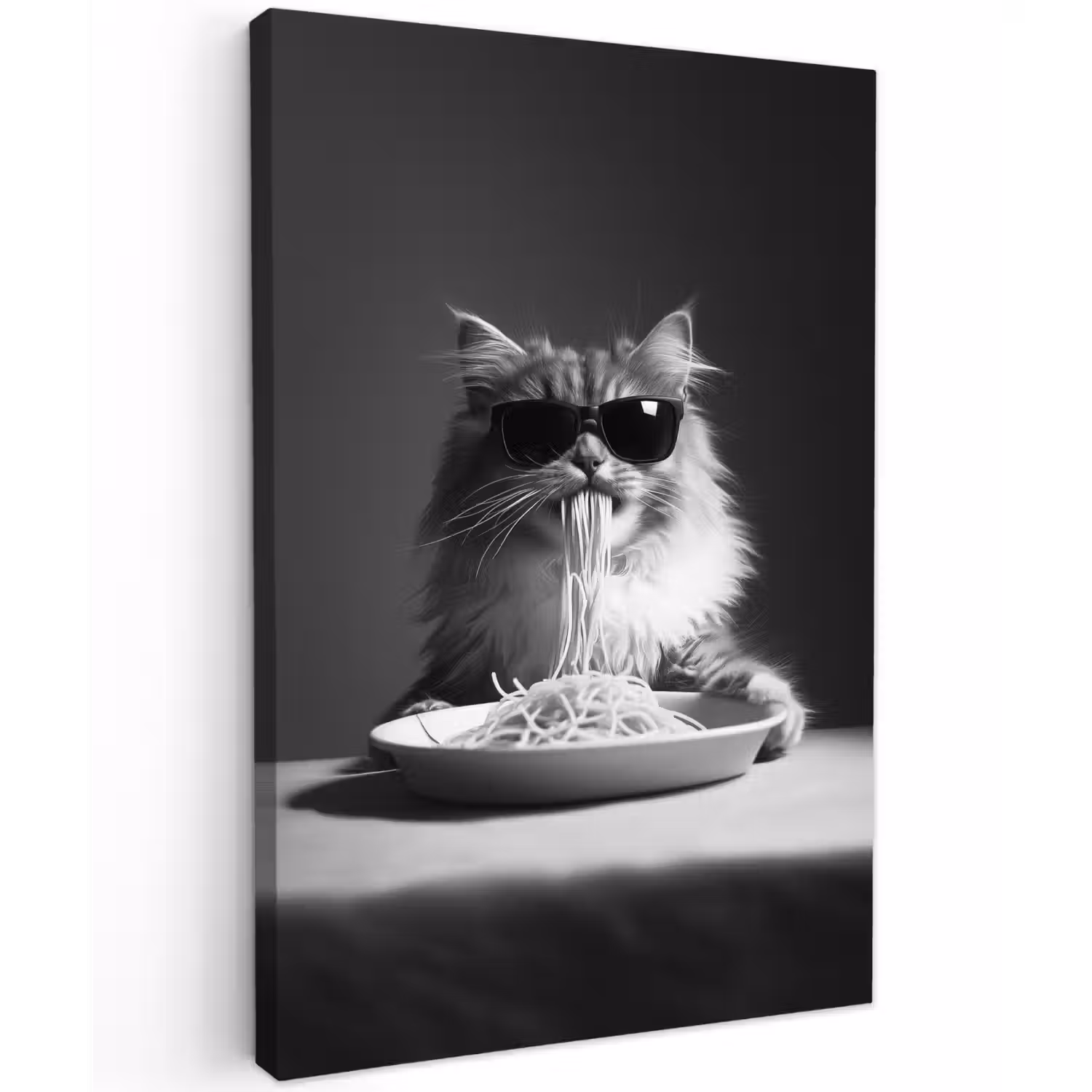 Langharige kat - Zonnebril - Spaghetti - Humor - Zwart - wit Tuinposter op houten frame 2 cm dik klein -3d