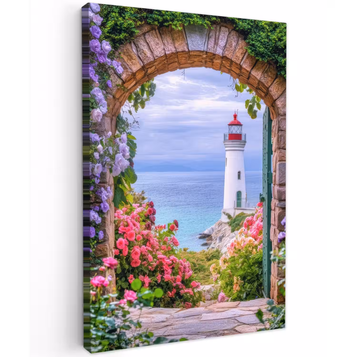 Doorkijk - Vuurtoren - Bloemen - Uitzicht Tuinposter op houten frame 2 cm dik klein -3d
