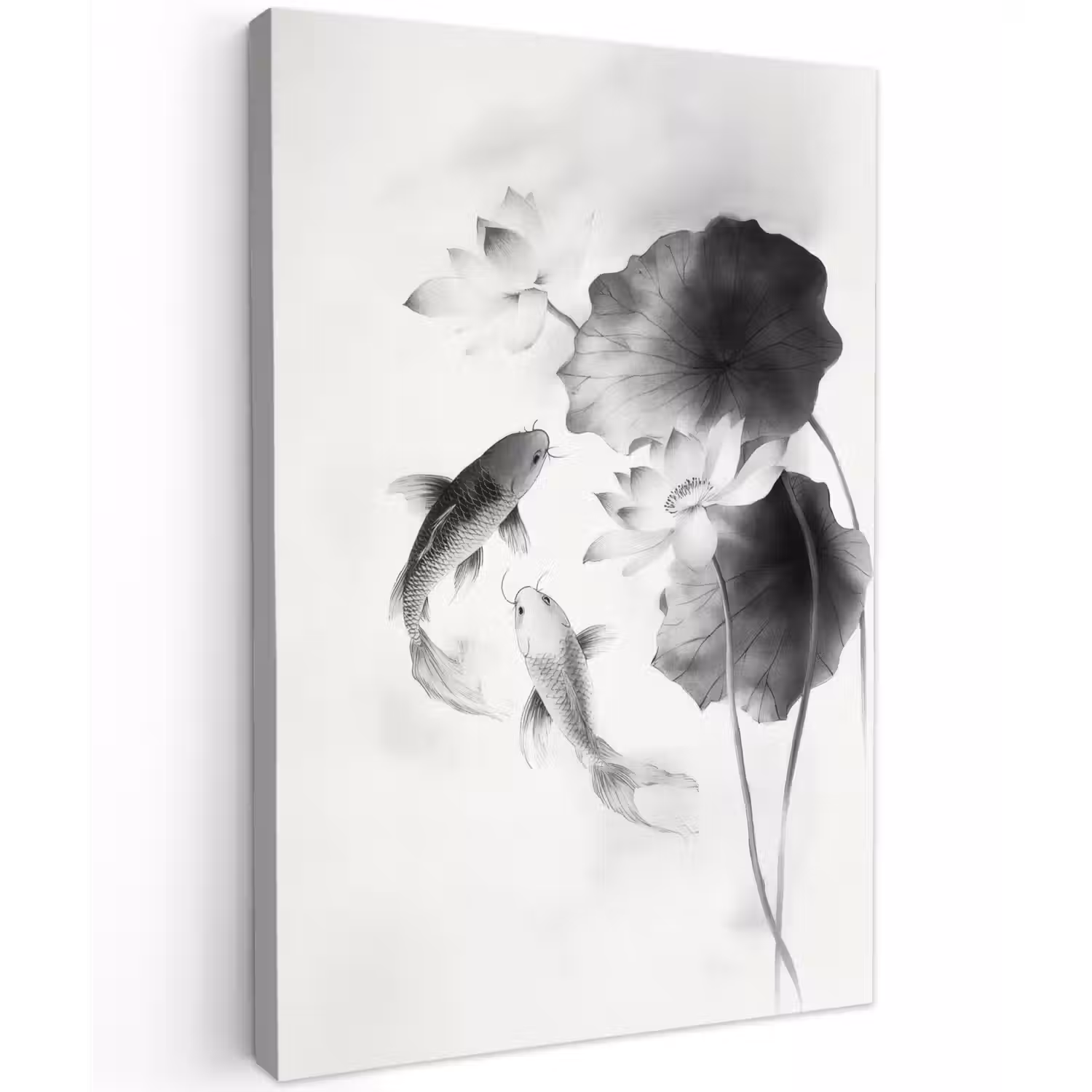Lotusbloemen - Vissen - Bladeren - Zwart Tuinposter op houten frame 2 cm dik klein -3d