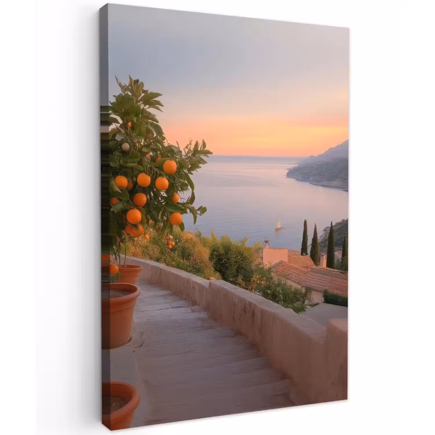 Middelandse zee - Sinaasappel - Heuvels - Zee Tuinposter op houten frame 2 cm dik klein -3d
