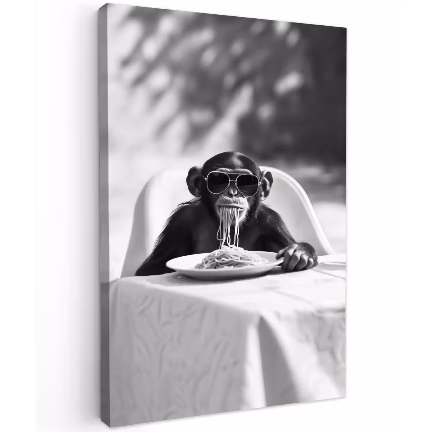 Aap - Spaghetti - Zonnebril - Zwart wit - Cool - Dier Tuinposter op houten frame 2 cm dik klein -3d