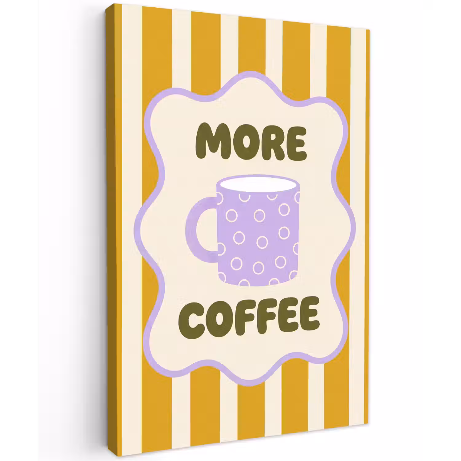 More coffee - Geel - Paars - Strepen - Mok Tuinposter op houten frame 2 cm dik klein -3d
