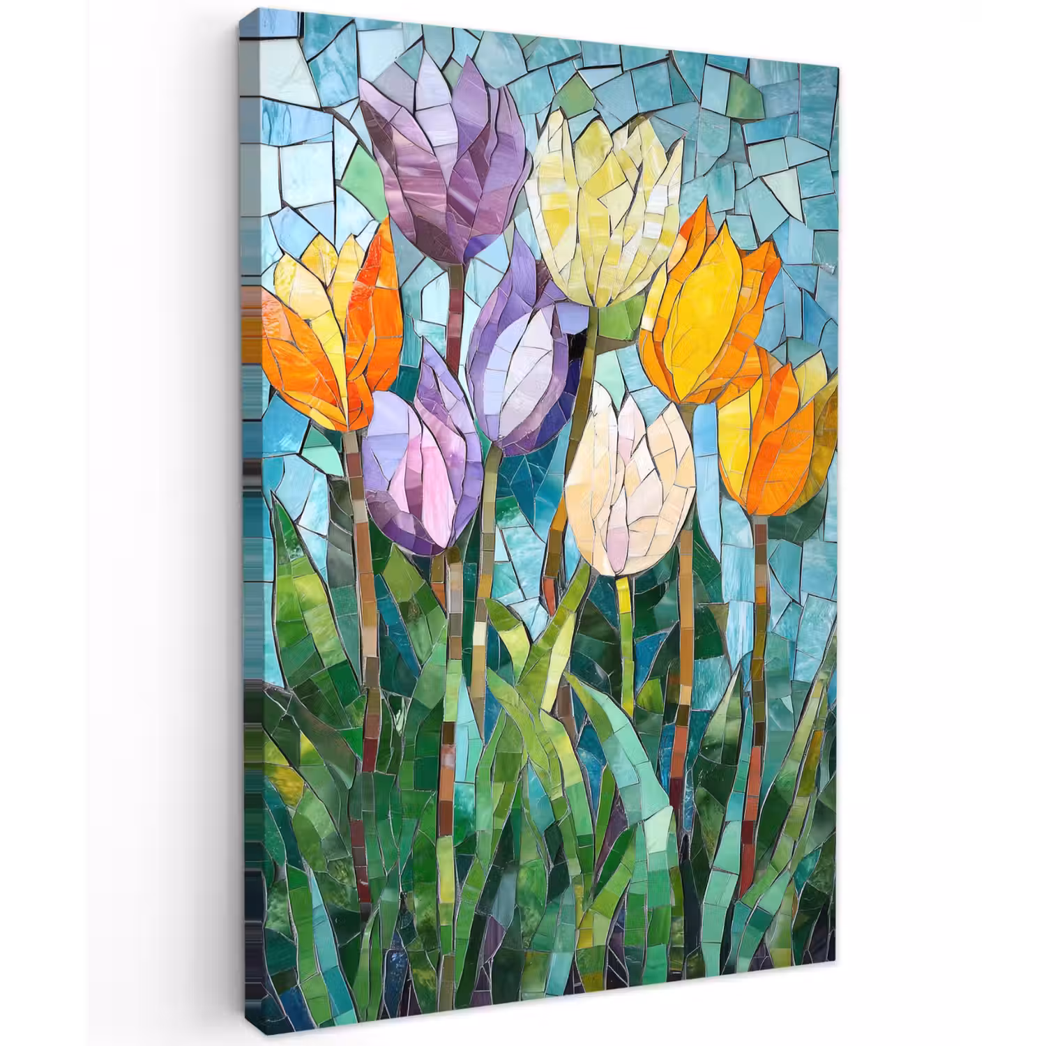Mozaïek - Veld - Tulpen - Kleurrijk Tuinposter op houten frame 2 cm dik klein -3d