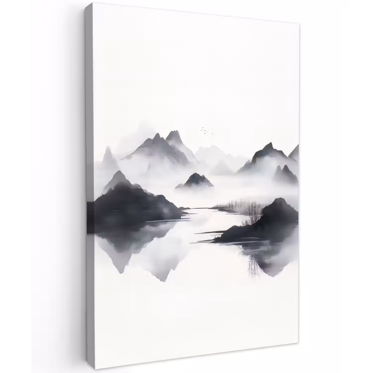 Bergen - Mistig - Water - Wit Tuinposter op houten frame 2 cm dik klein -3d