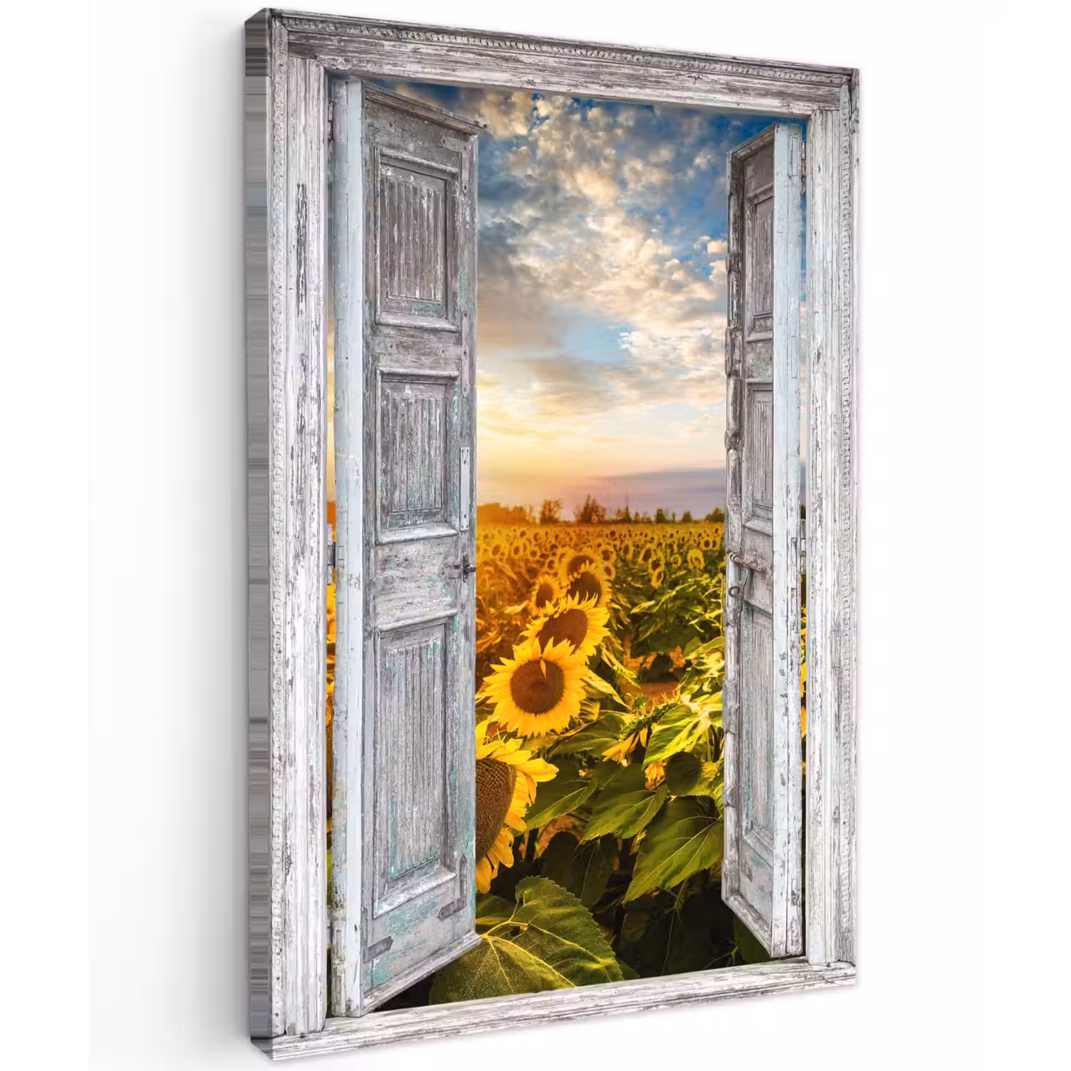 Oude deuren naar zonnebloemveld Tuinposter op houten frame 2 cm dik klein -3d