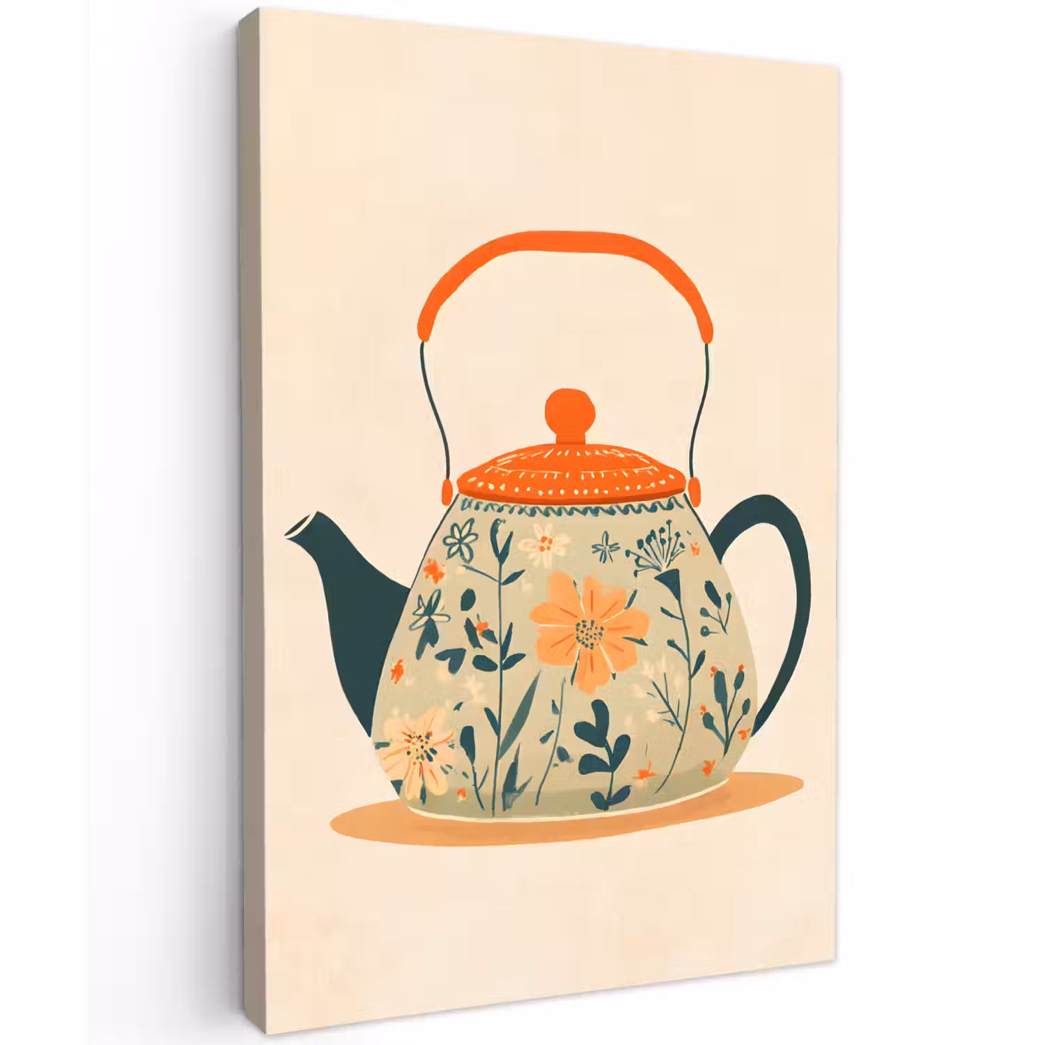 Oranje - Theepot - Bloemen - Bladeren Tuinposter op houten frame 2 cm dik klein -3d