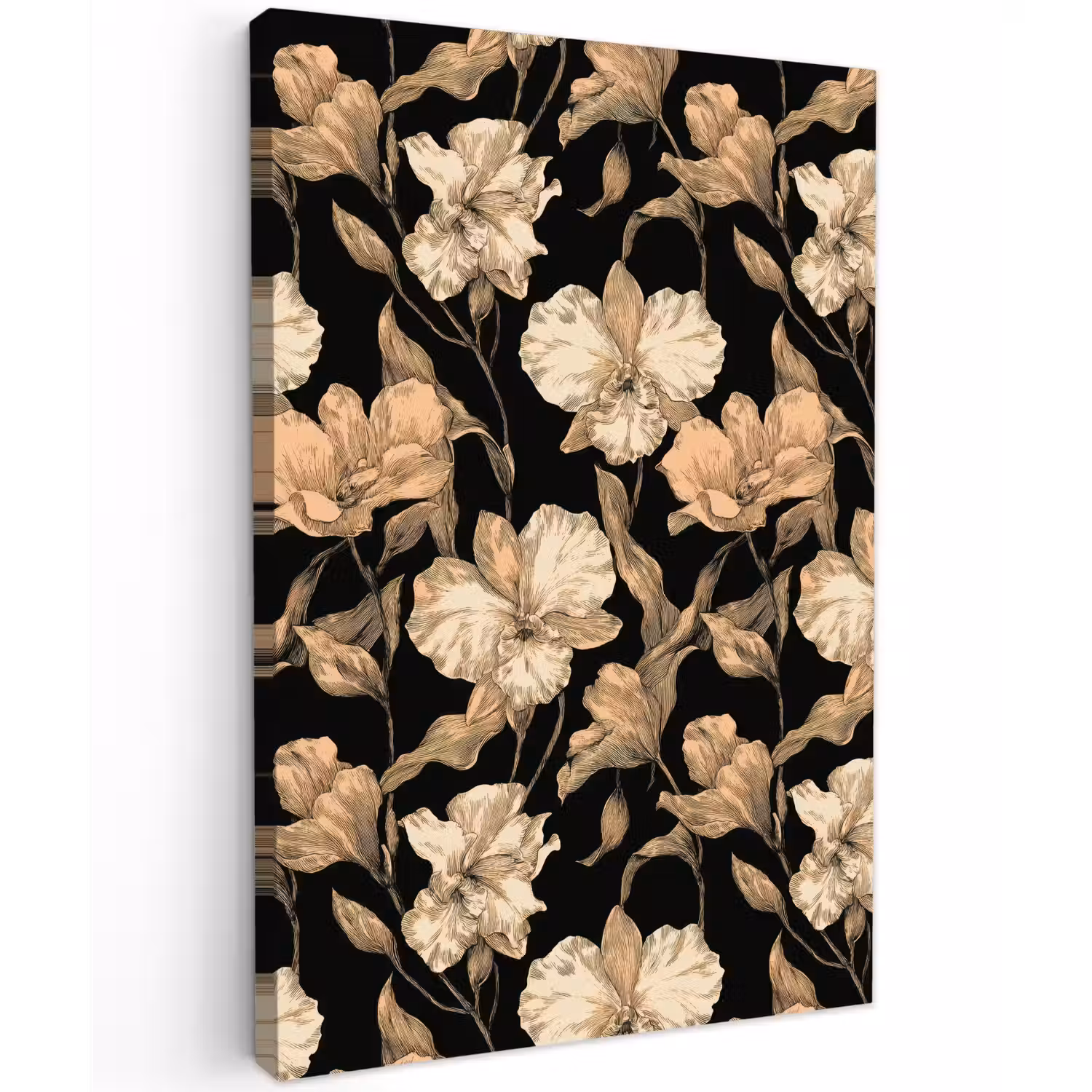 Orchideeën - Lijntekening - Patroon - Beige - Zwart Tuinposter op houten frame 2 cm dik klein 841 -3d