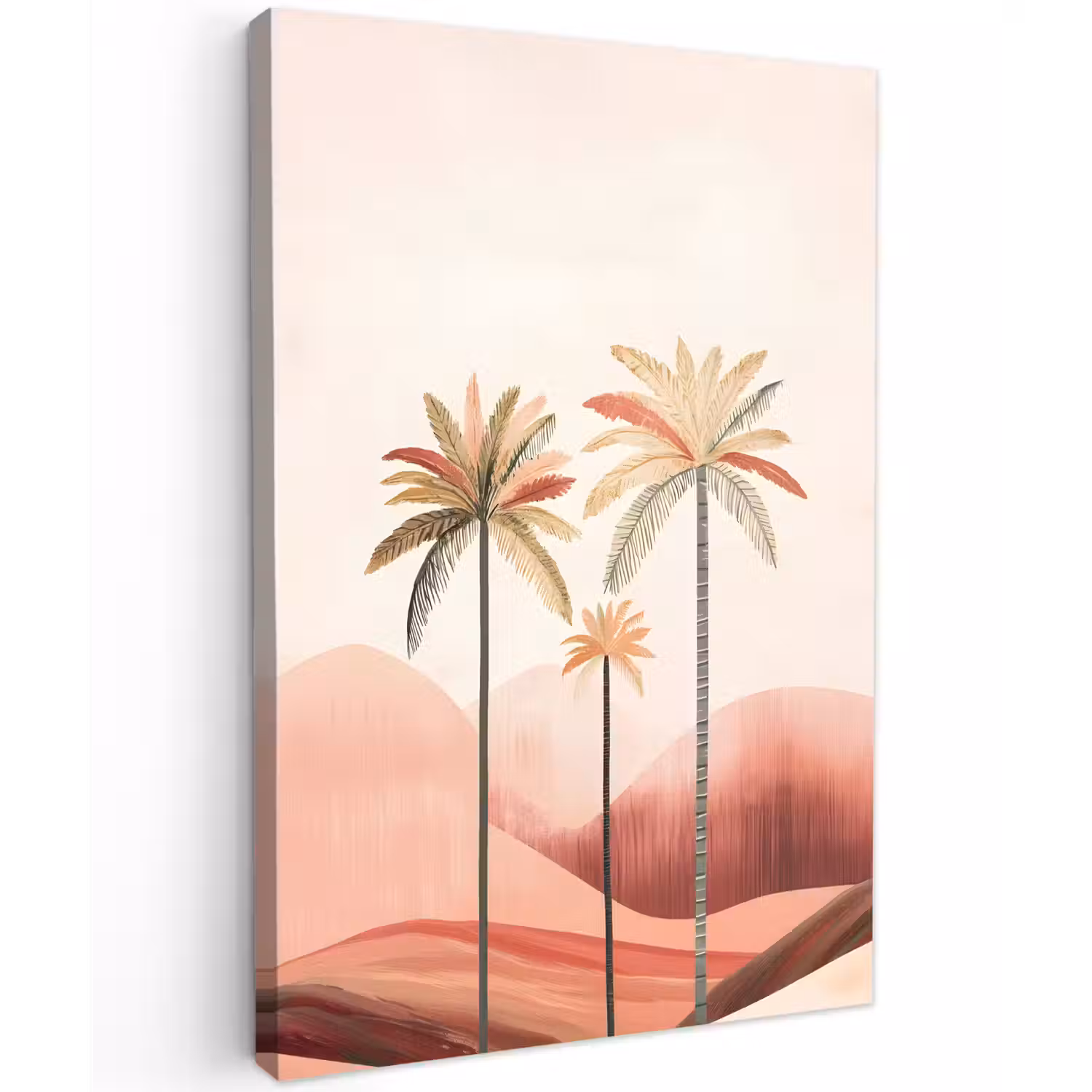 Palmbomen - Heuvels - Minimalistisch - Zachtroze Tuinposter op houten frame 2 cm dik klein -3d