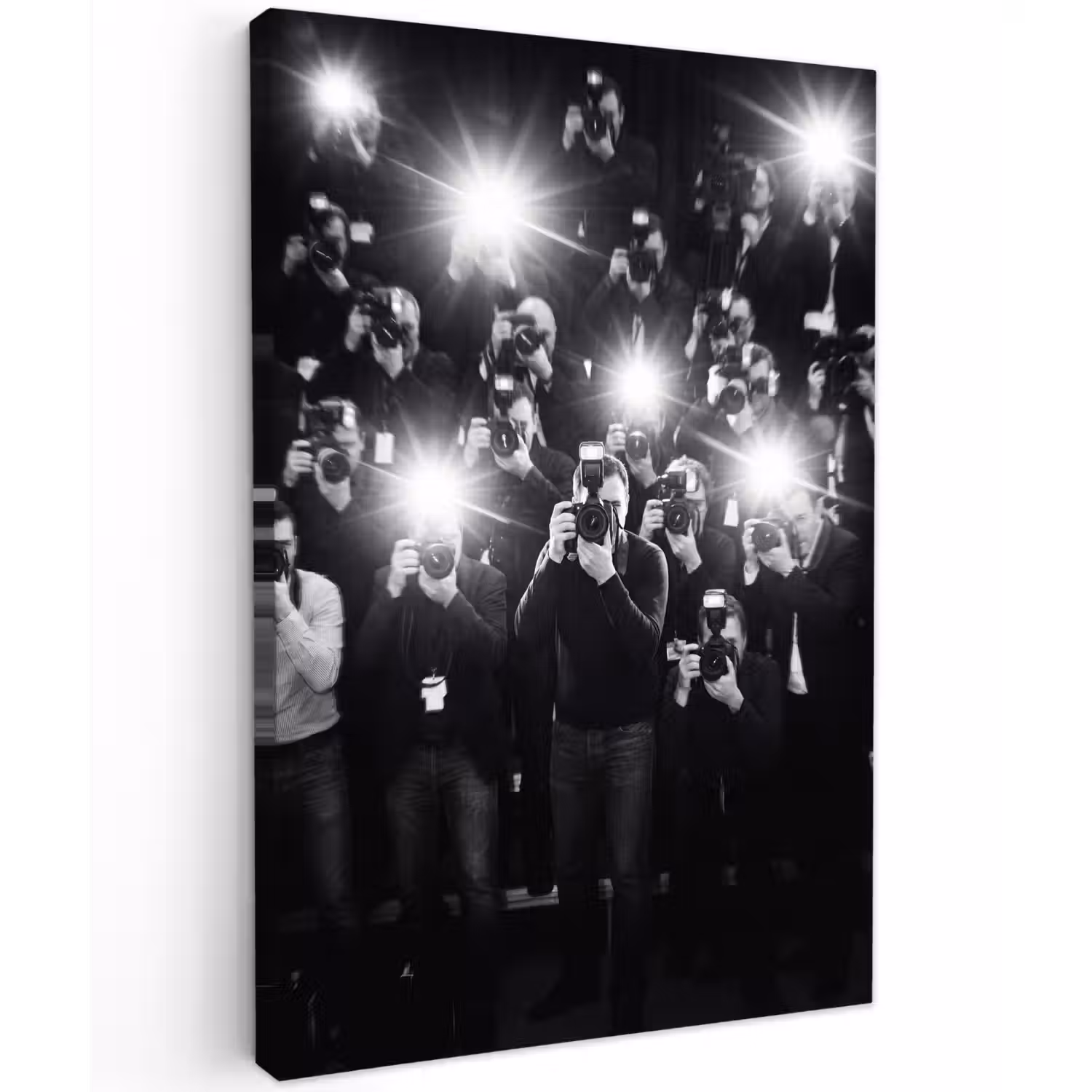 Mensen - Camera - Flitslicht - Zwart-wit - Media Tuinposter op houten frame 2 cm dik klein -3d