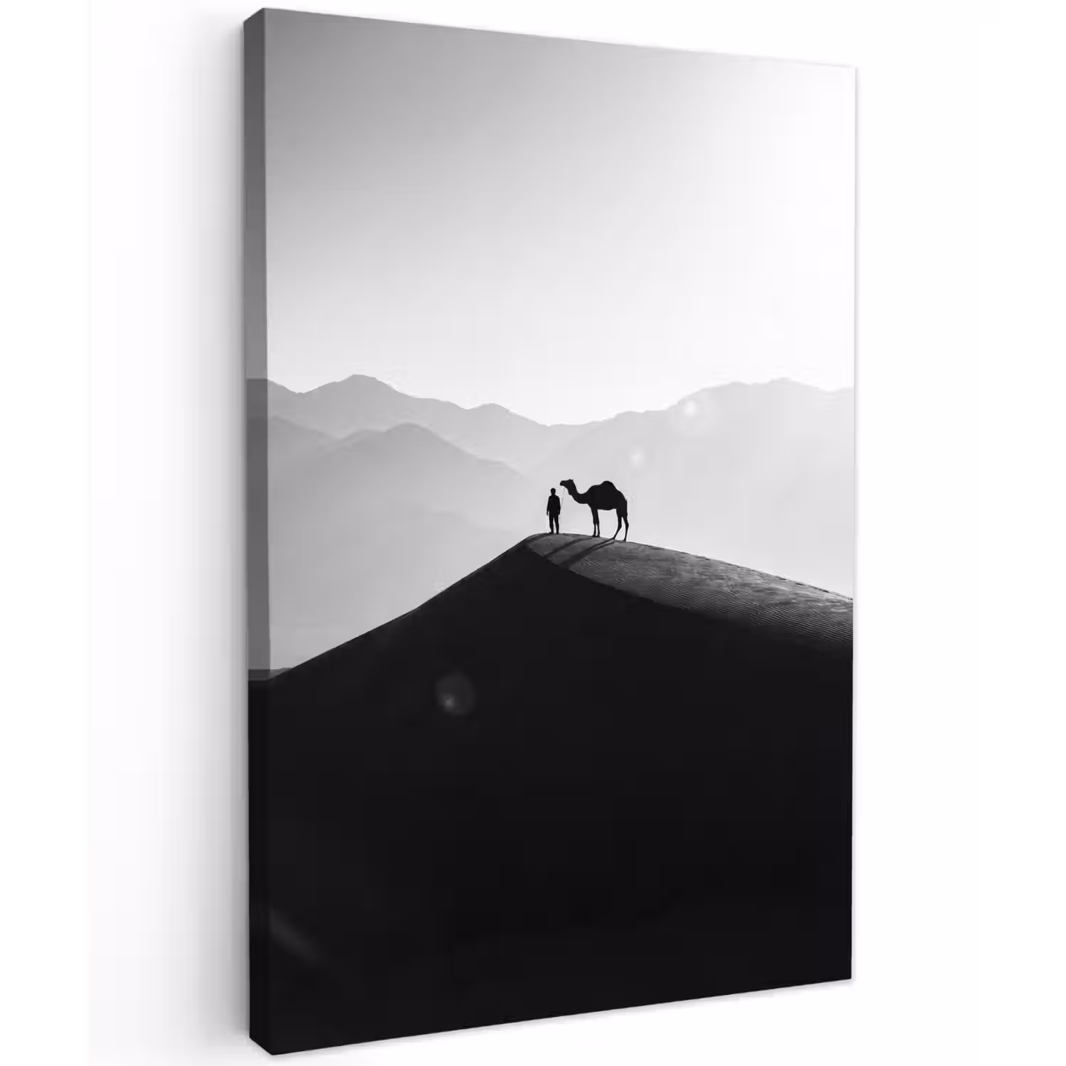 Mens - Kameel - Zandduin - Natuur - Monochroom Tuinposter op houten frame 2 cm dik klein -3d
