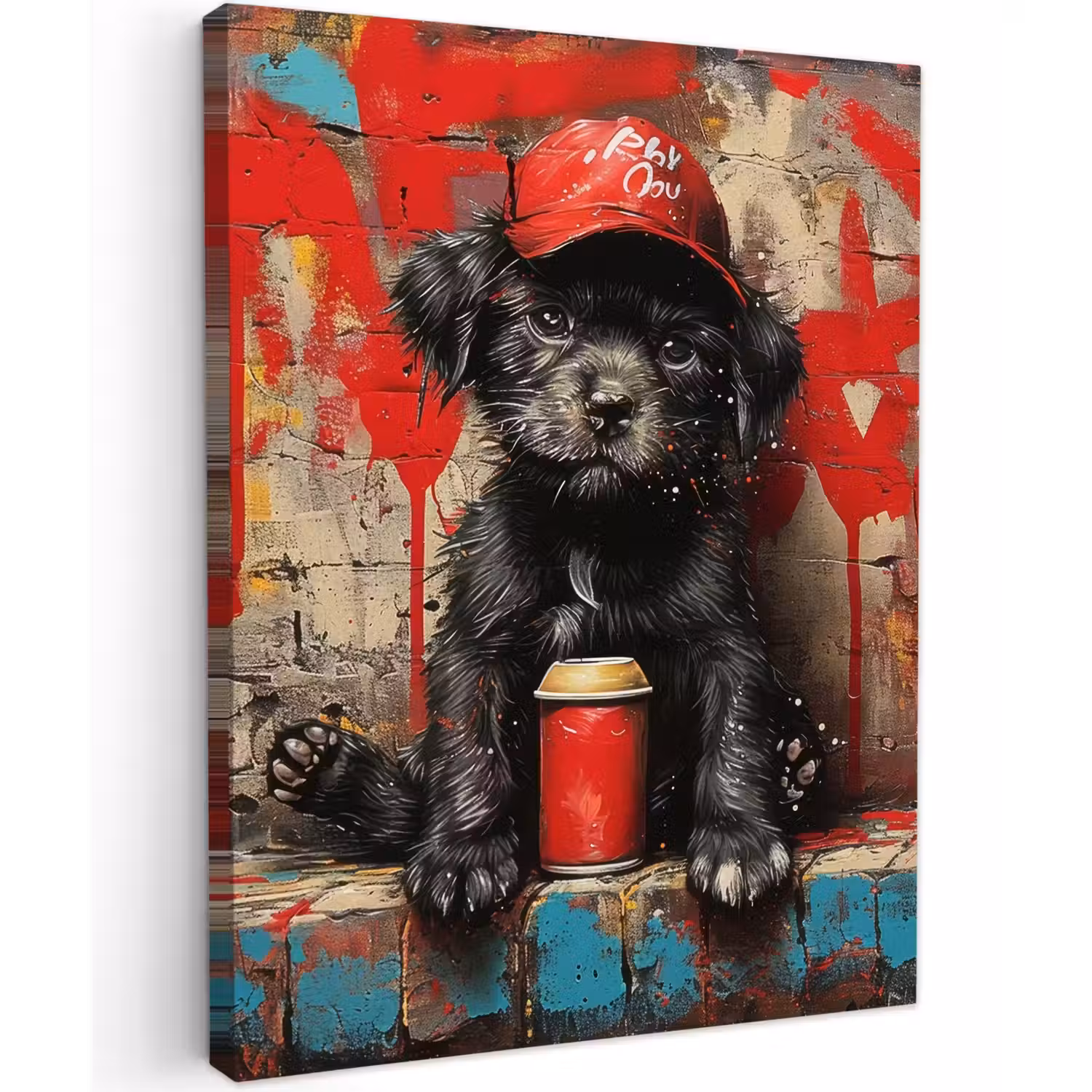 Puppy met Rode Pet en Spuitbus Tuinposter op houten frame 2 cm dik klein -3d