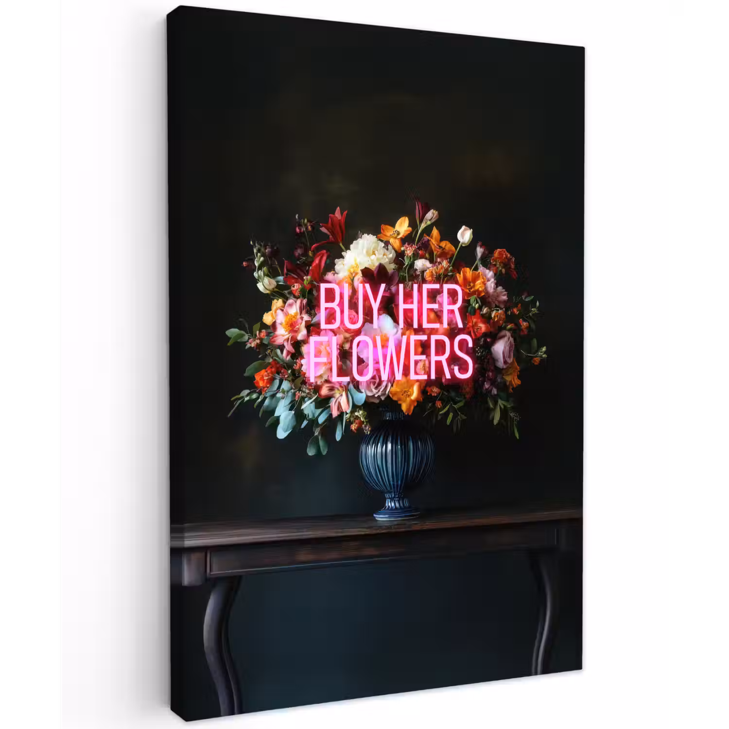 Quote - Bloemen - Vaas - Neon Tuinposter op houten frame 2 cm dik klein -3d