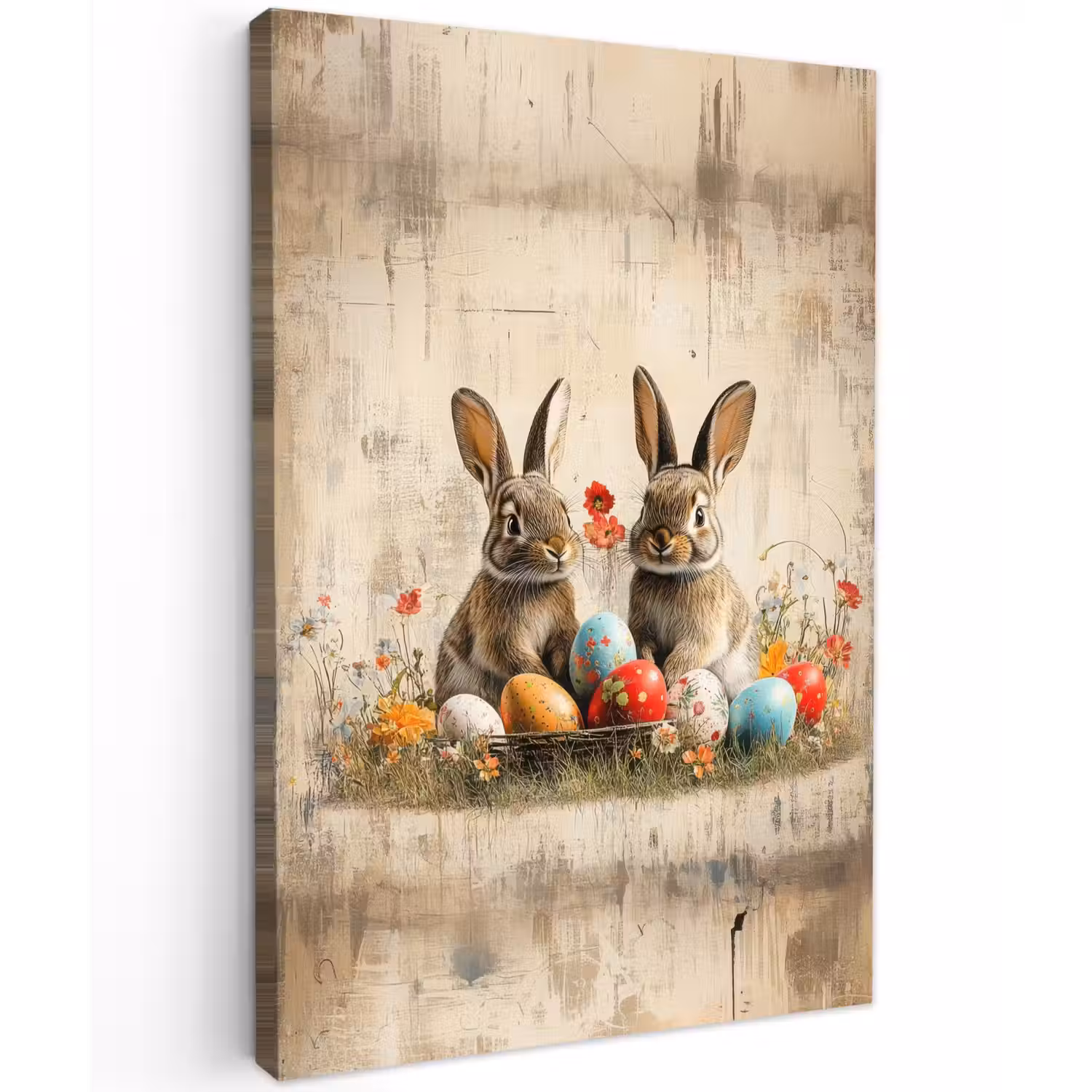 Konijnen - Bloemen - Eieren Tuinposter op houten frame 2 cm dik klein -3d